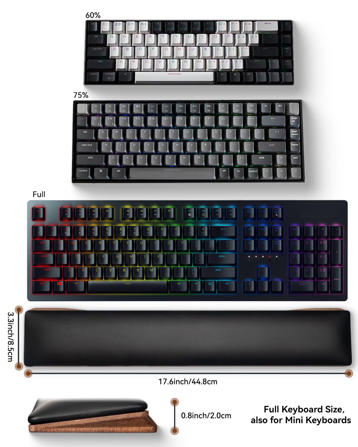 ASFSKY Keyboard Wrist Rest, Ergonomic Memory Foam Wrist Pad with PU Leather & Wooden Base, Non-Slip and Easy-to-Clean Design, Wrist Support for Mechanical Keyboard, Gaming & Office Use (Black)