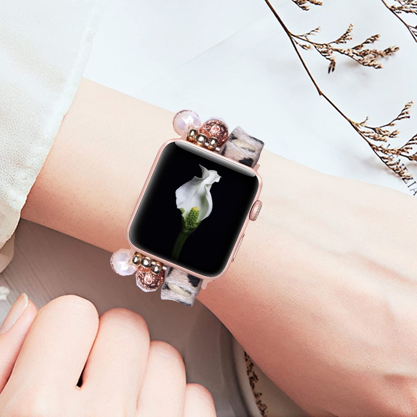 VIQIV Bracelet Band Compatible with Apple Watch 41mm/40mm/38mm Series 7 6 5 4 3 2 1 for Women Girls, Fashion Multi-Wraps Elastic Glitter Beaded Leopard Leather Strap for iwatch Bands