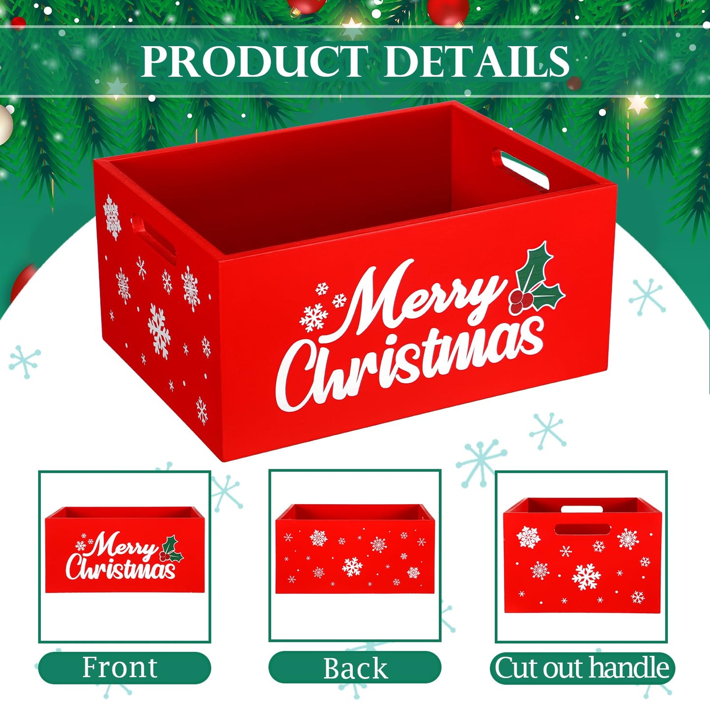 Namalu Christmas Hot Cocoa Bar Storage Box Wooden Crate with Handles Hot Cocoa Decorative Rustic Farmhouse Wood Basket Christmas Wood Storage Bins Organizer Bucket for Xmas Candy Dish Home(Red)