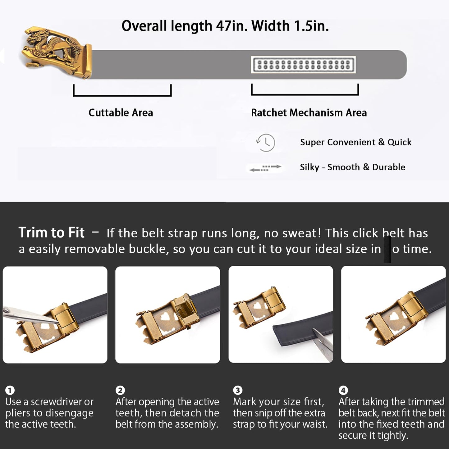 VJK Luxury Men's Belts Engraved Vintage Dragon Head Automatic Buckle Alloy, Leather Men Waist Strap, Slide Easier Adjustable Belt, Cut To Fit, Men Dress Casual Ratchet Belt