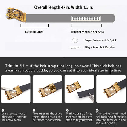 VJK Luxury Men's Belts Engraved Vintage Dragon Head Automatic Buckle Alloy, Leather Men Waist Strap, Slide Easier Adjustable Belt, Cut To Fit, Men Dress Casual Ratchet Belt