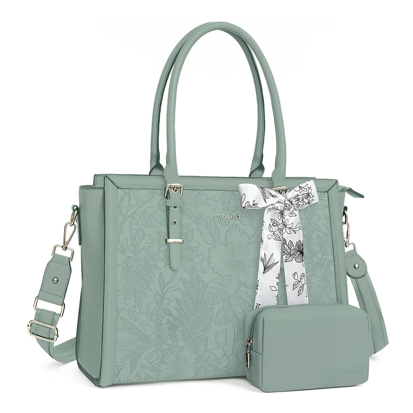 MOSISO Laptop Bag for Women, 15.6-16 inch PU Leather Tote Bag Compatible with MacBook, HP, Dell, Asus Notebook, Front Embossed Retro Hibiscus Computer Bags with Silk Scarf&Clutch Purse, Antique Green
