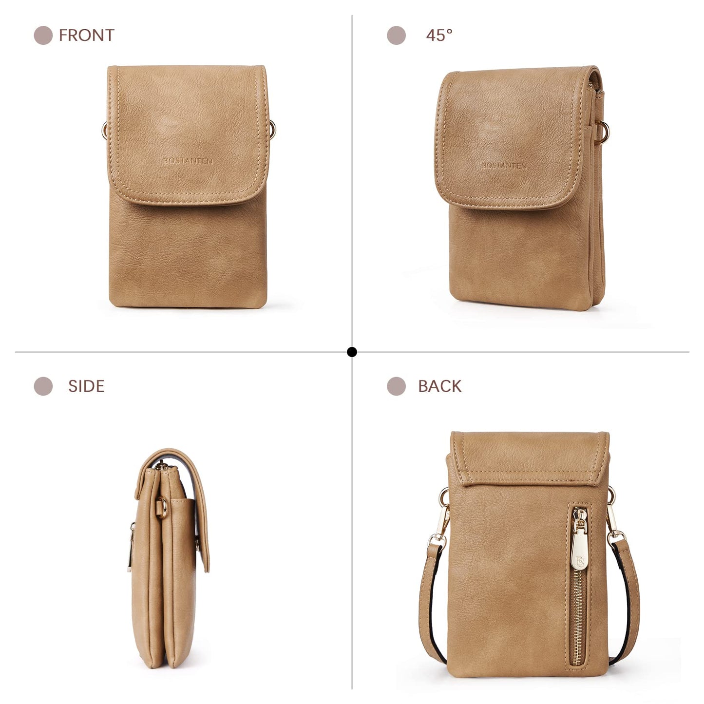 BOSTANTEN Vegan Leather Small Crossbody Bags for Women Designer Cell Phone Bag Wallet Purses Adjustable Strap Camel Brown