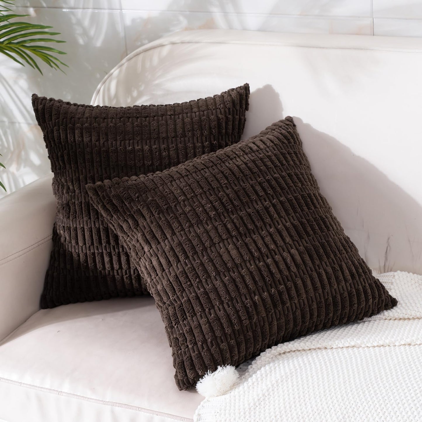 Smile of hope Pack of 2 Corduroy Decorative Throw Pillow Covers 18x18 Inch Soft Boho Striped Pillow Covers Modern Farmhouse Home Decor for Sofa Living Room Couch Bed Dark Brown