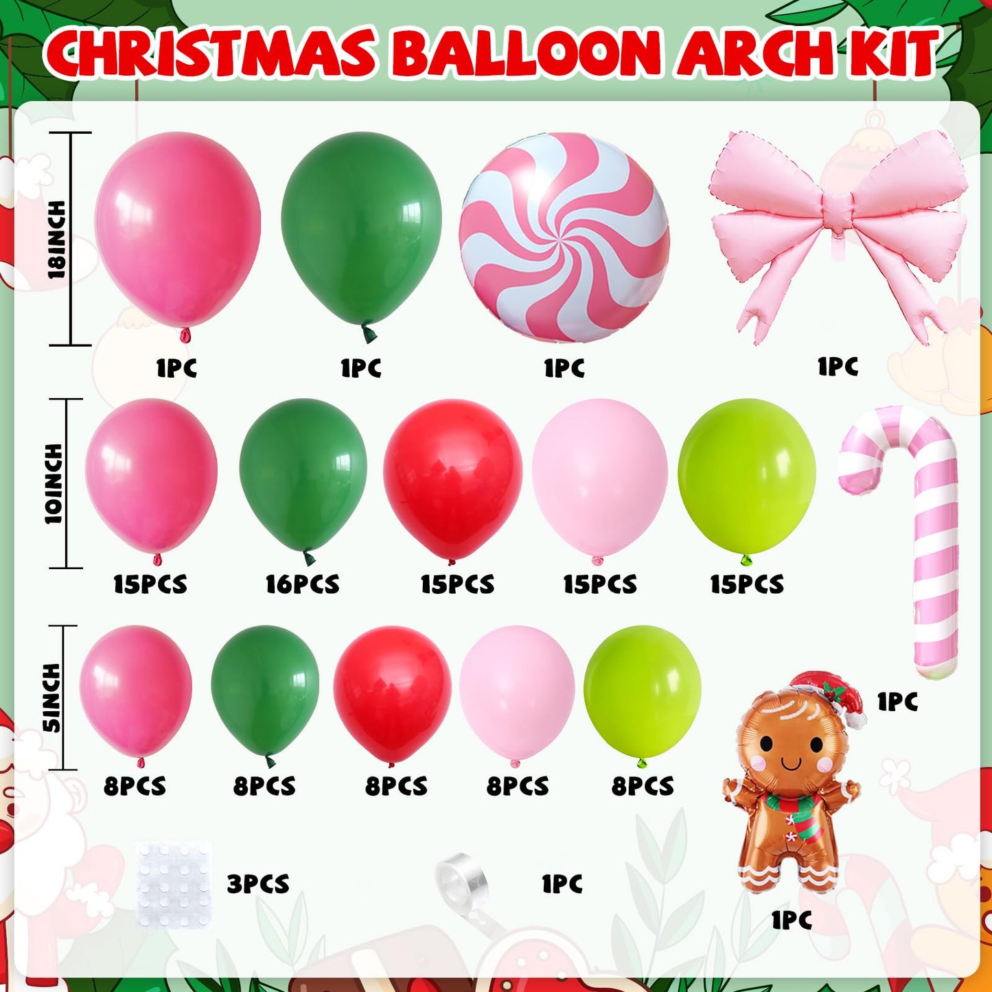 Christmas Balloons Arch Kit, 125 PCS Hot Pink Green Red Christmas Balloons, Gingerbread Balloon Garland with Candy Cane Bow & Gingerbread Foil Decorations for Party