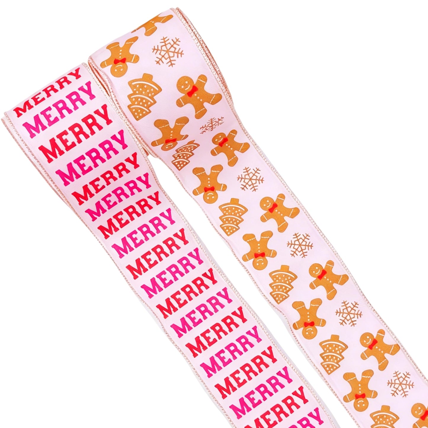 Meseey Pastel Pink Christmas Wired Ribbon 2.5 Inch 20Yards, Gingerbread Man Candy Cane Print Decor Ribbon for Xmas Tree Wreath Gift Craft