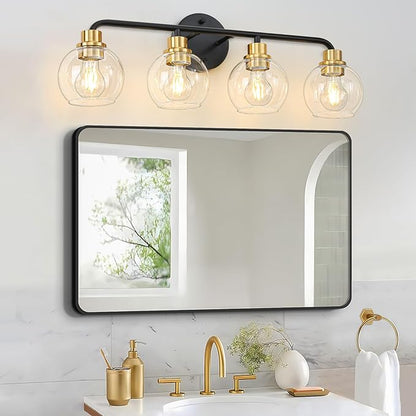4 Light Bathroom Vanity Light, Black and Gold Bathroom Light Fixtures with Clear Glass Shade Modern Wall Sconces Lighting Bath Wall Lights Lamp for Mirror Kitchen Living Room Bedroom Hallway Cabinet