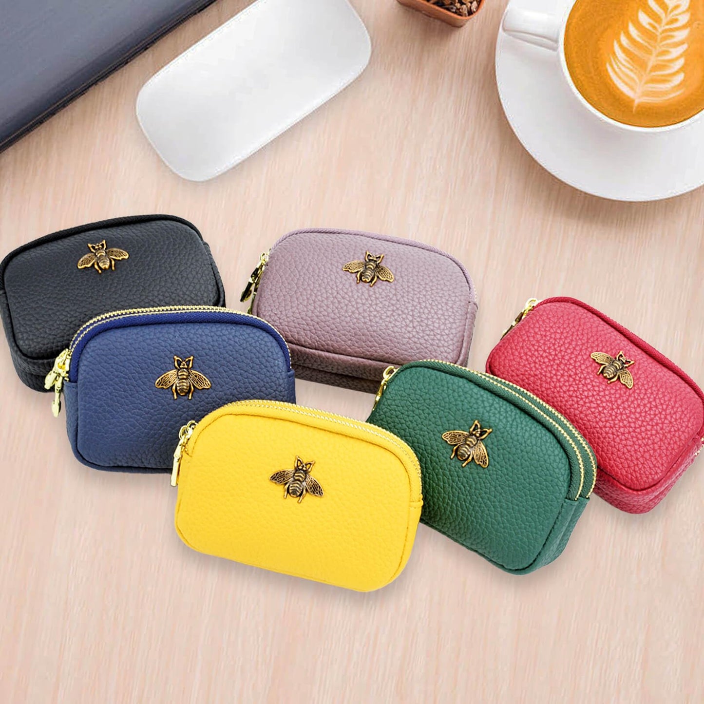 WOZEAH Leather Coin Purse for Women Small 2 Zipper Change Wallet with Key Ring Card Key Coin Cash Holder Pouch(Green)
