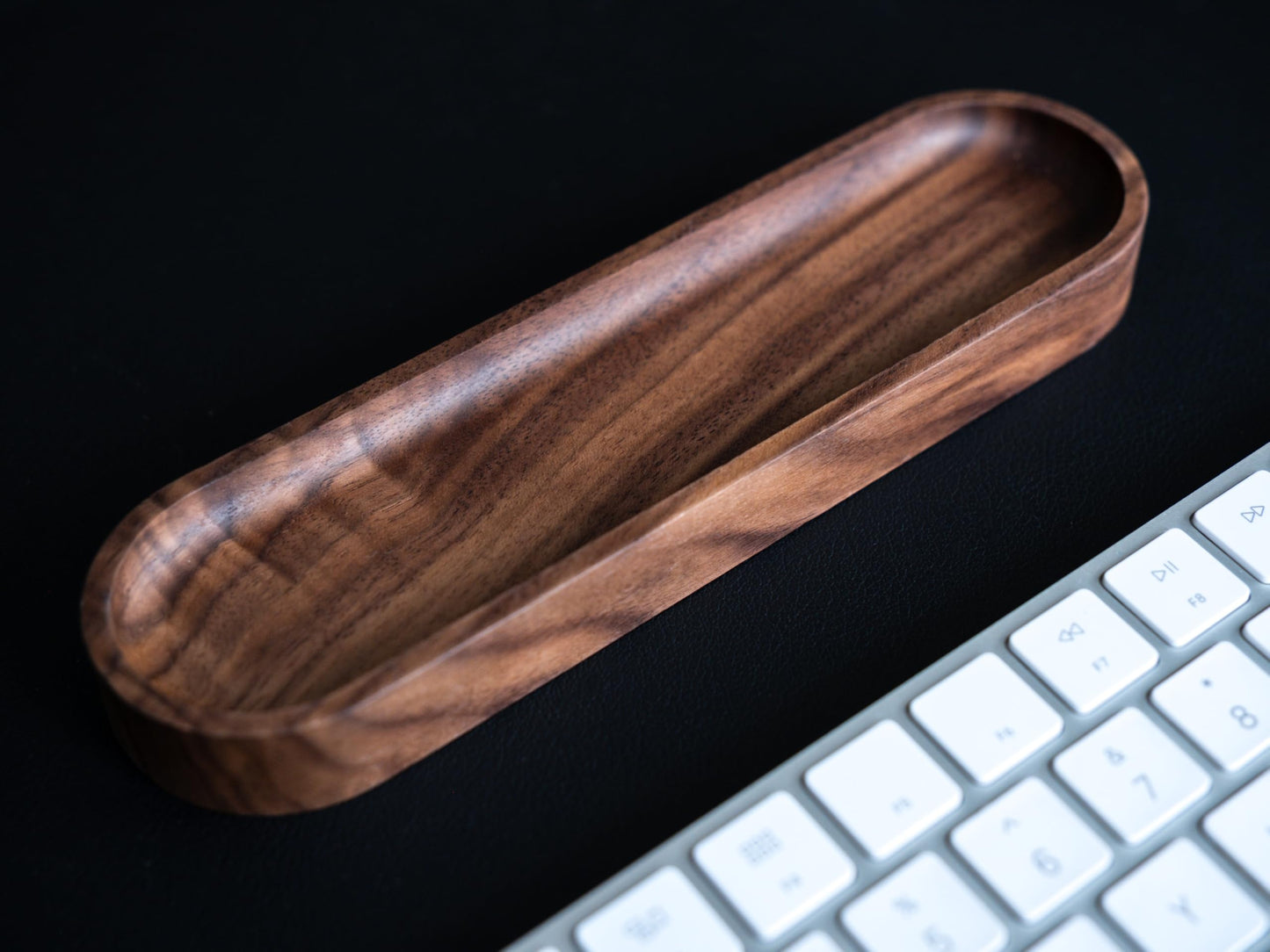Timber Box Design Walnut Wood Pen Tray, Minimalist Oval Wooden Pencil Holder, Office Desk Organizer, Writing Instrument Rest, Work Student Teacher Gift