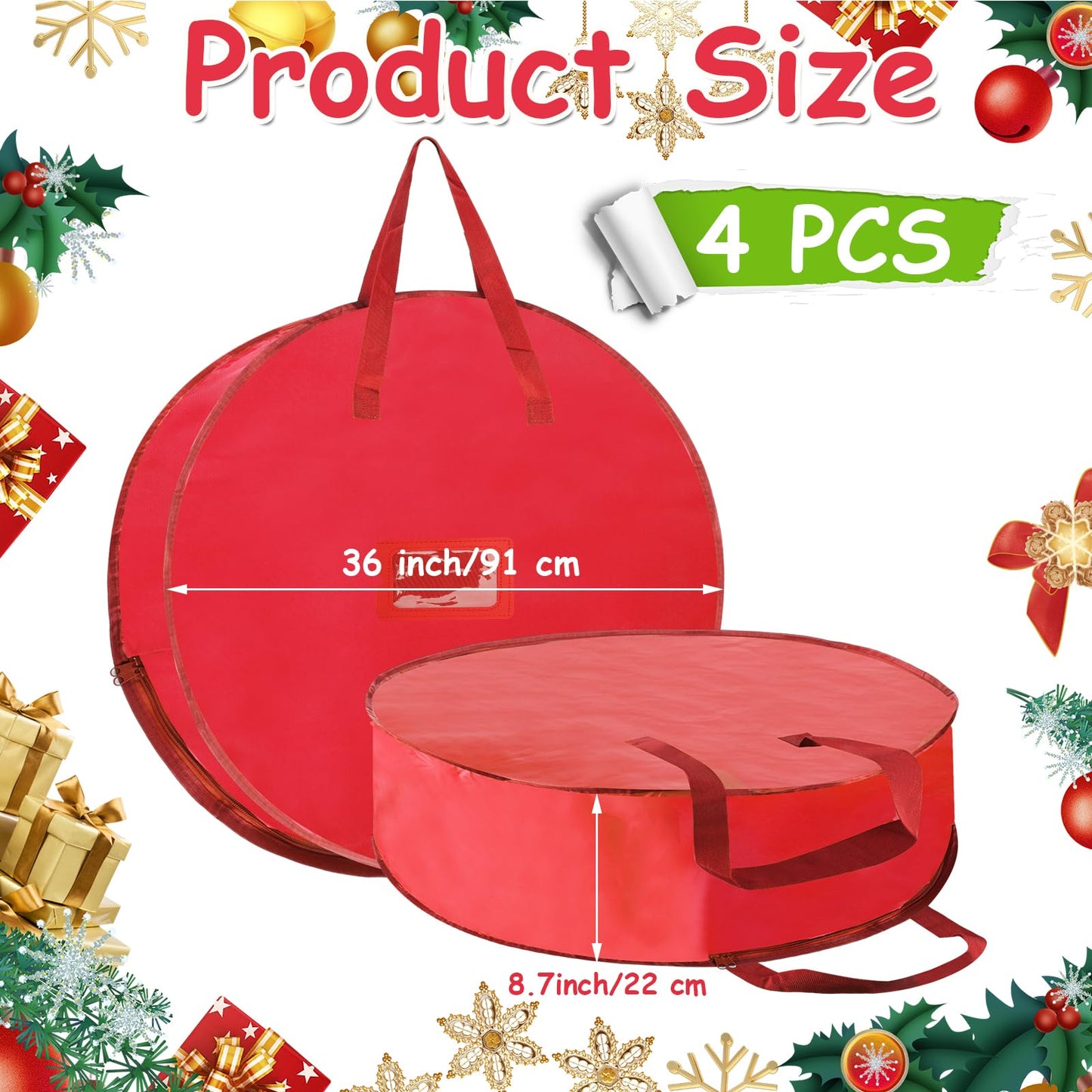 YAYODS 4 Pack Wreath Storage Container 36 Inch Christmas Wreath Storage Bag, 420D Oxford Wreath Holder with Zipper and Handles for Xmas Holiday, Decorations (Red)