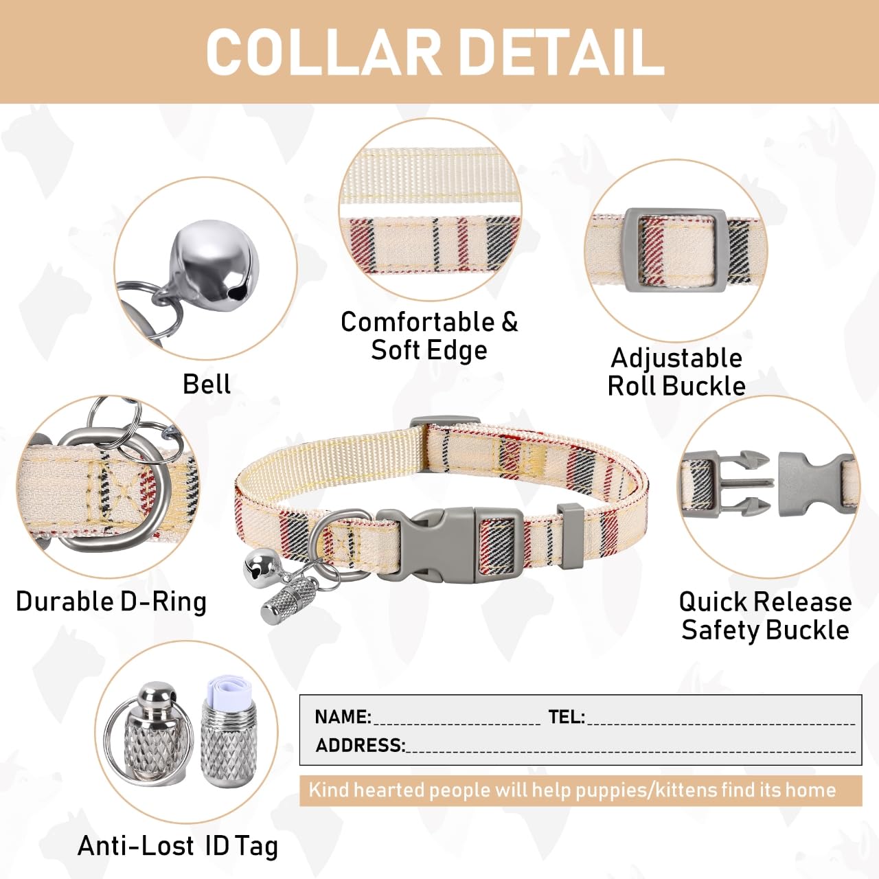 GAMUDA Small Dog Harness Collar and Leash Set, Step in No Chock No Pull Soft Mesh Adjustable Dog Vest Harnesses Plaid Reflective for Dogs Puppy Cats Kitten Rabbit (Beige, XXS)