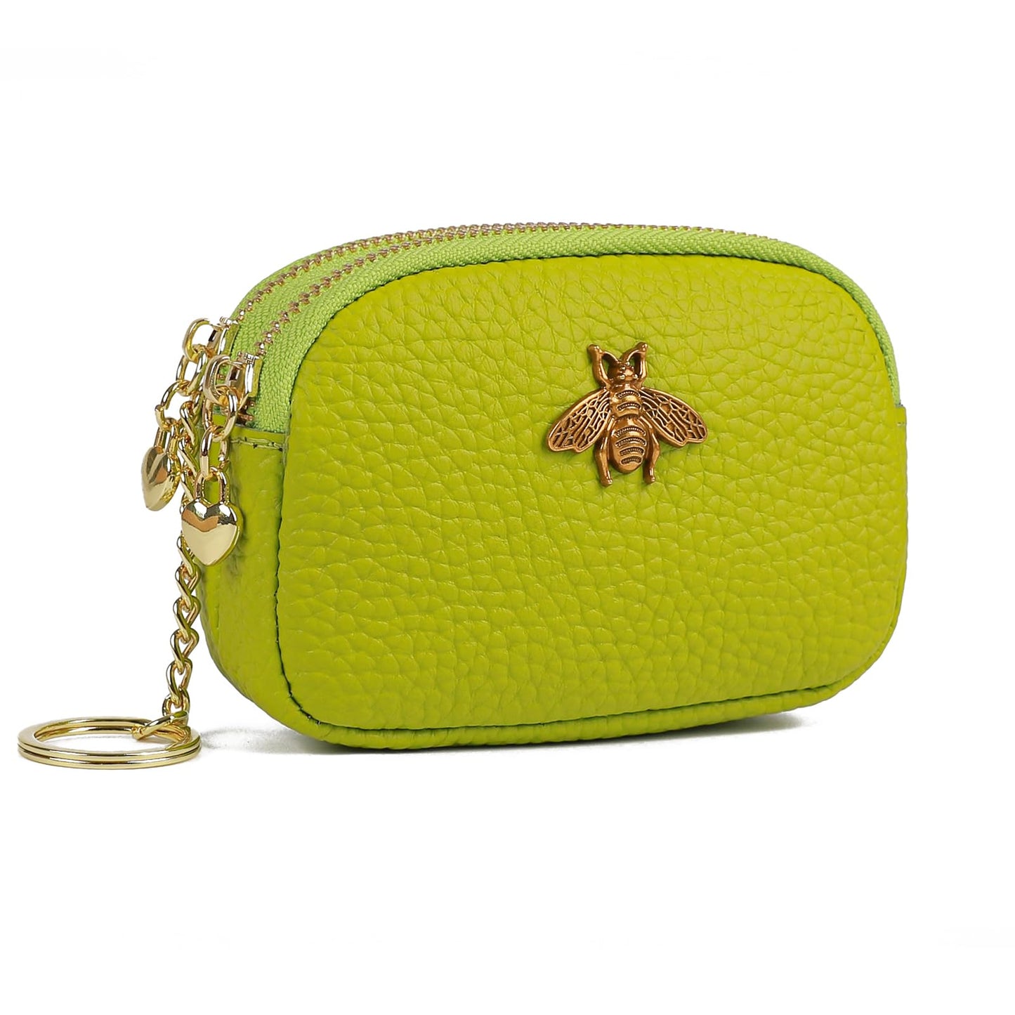 imeetu Women Leather Coin Purse, Small 2 Zippered Change Pouch Wallet(Copper Bee, Yellow Green)