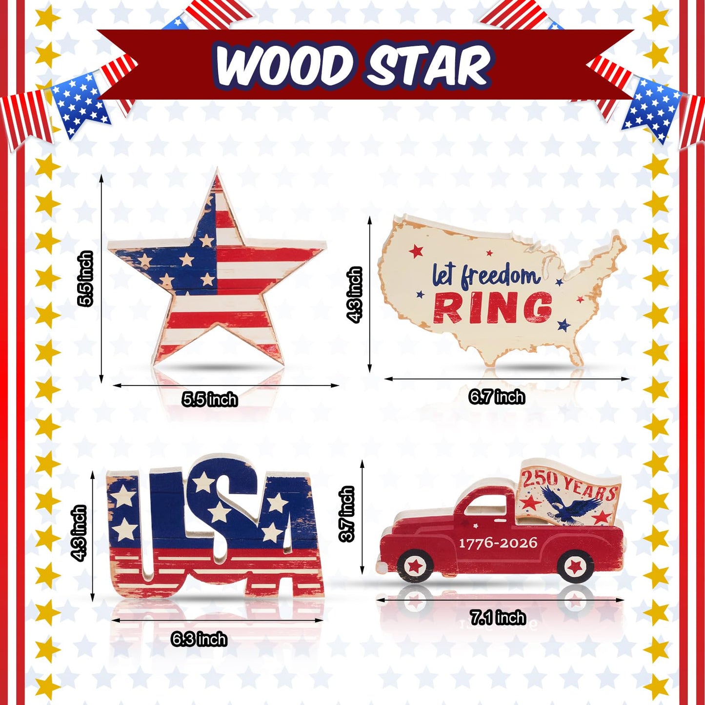 SiliFine 4 Pcs 250th Anniversary Table Decorations 4th of July Wooden Tabletop Centerpieces, Patriotic Star Car USA Tabletop Sign Red White Blue Table Topper for Independence Day