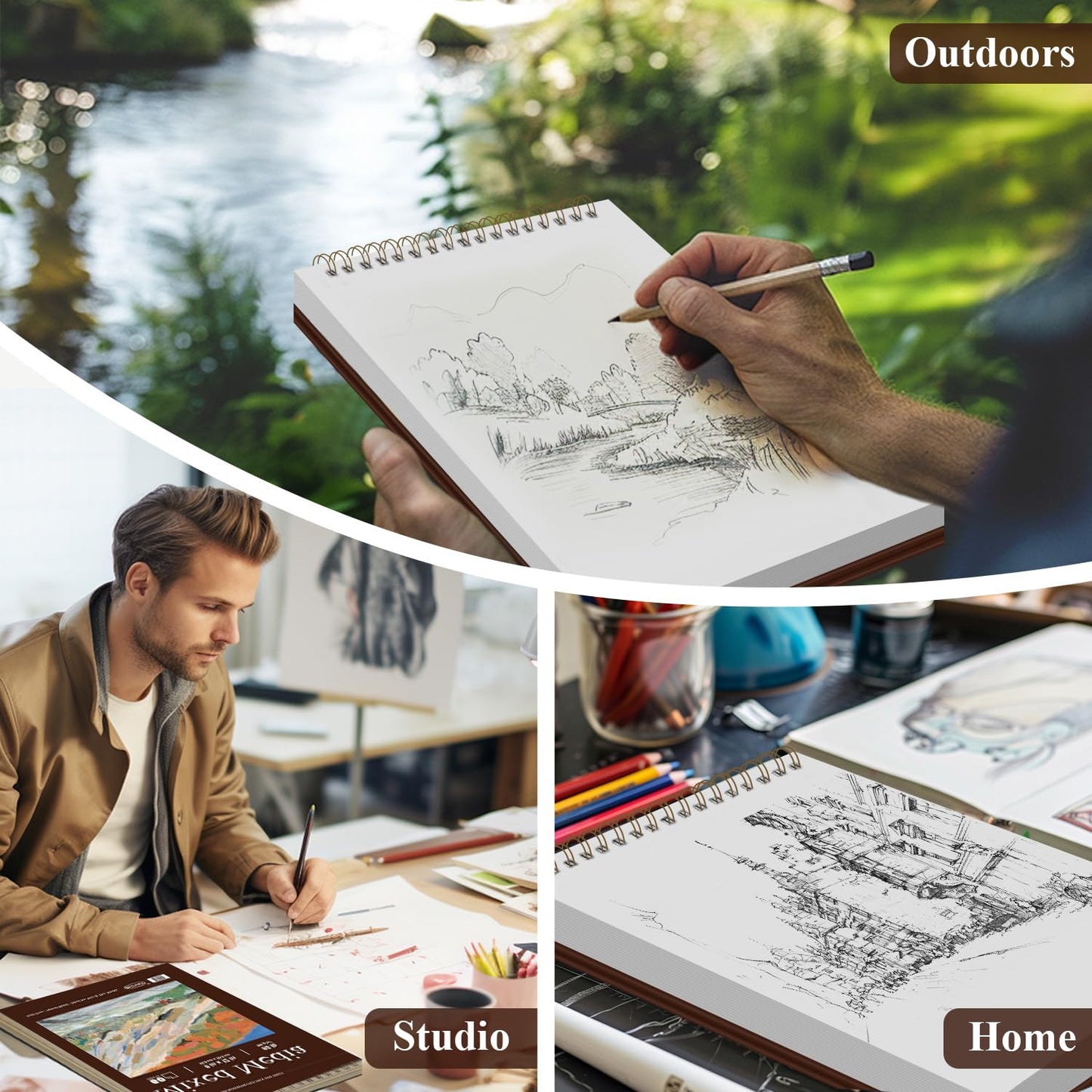 Mixed Media Sketchbook 9" x 12", 60 Sheets Each (98lb/160gsm), 2 Pack, Heavyweight Drawing Papers, Top Spiral Bound Hardcover Sketchbook, for Wet and Dry Media, Drawing, Painting