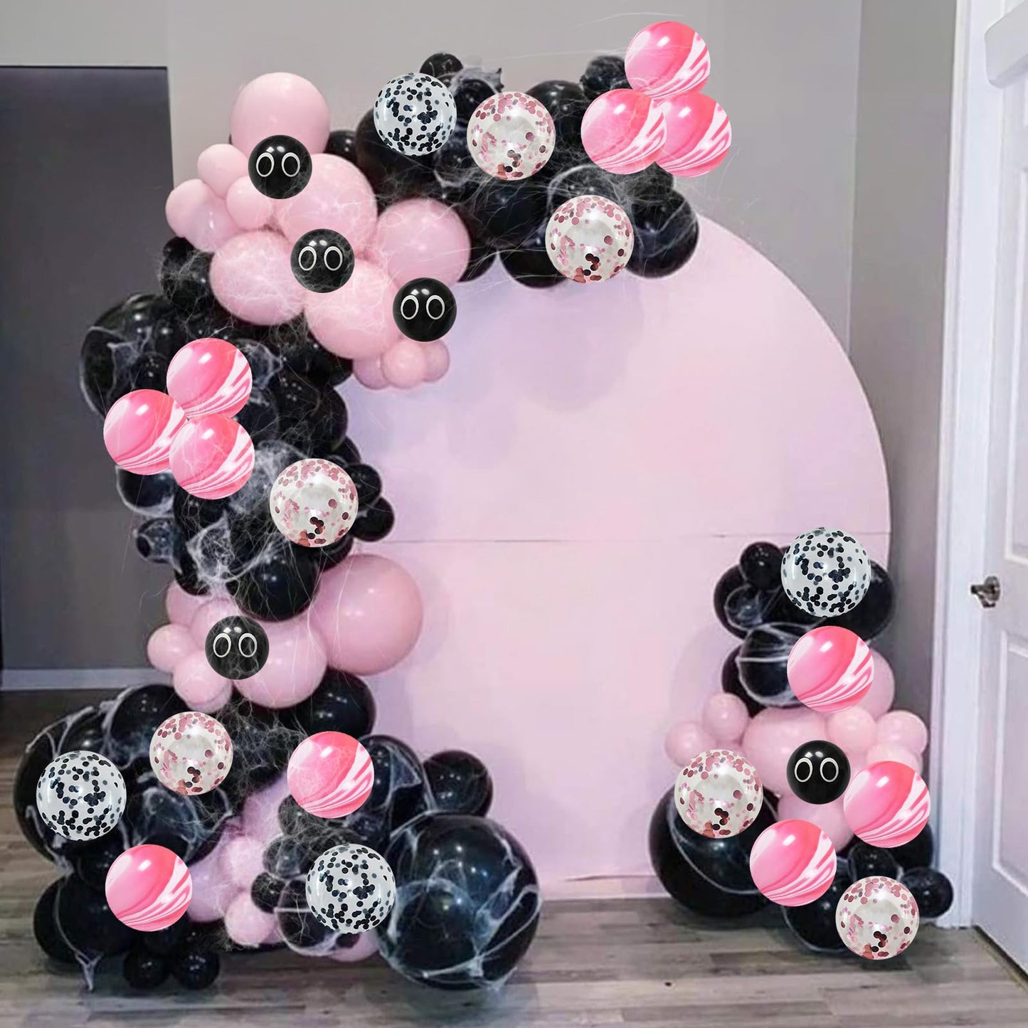 Halloween Balloon Arch Kit 98Pcs Pink and Black Balloon Garland with Ghost Eye Pink Agate Balloons 3D Bat Spider Cobweb for Trick or Treat Day of the Dead Spooky Boo Haunted House Party Decorations