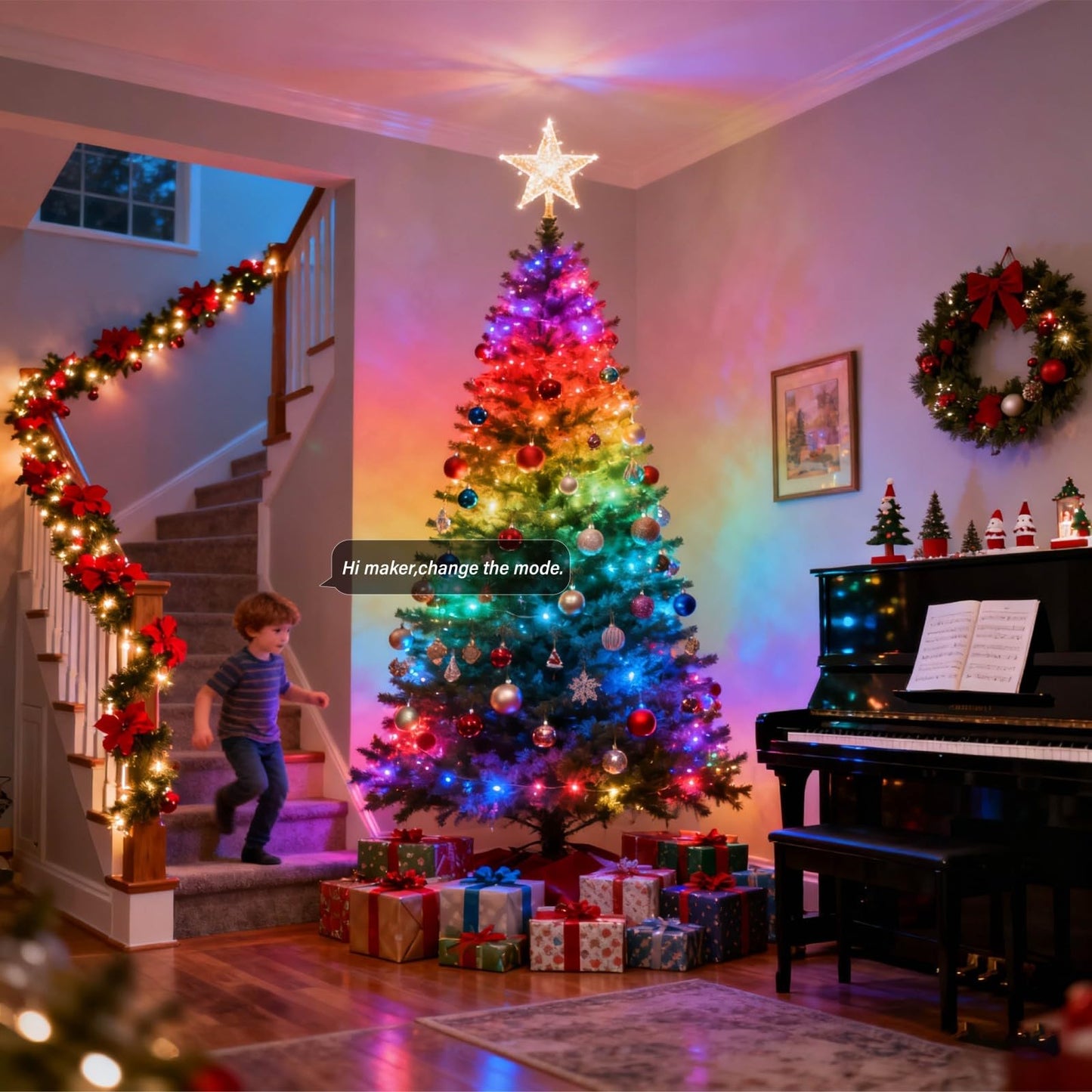 AI Smart Color Changing Fairy Lights, 32.8ft RGB+IC Offline Voice Control Light Twinkle No App/No WiFi Required,Dimmable Xmas Music Sync Lights for Kids Bedroom, Party, 7 Colors & 13 Lighting Modes