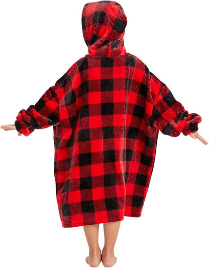 Wearable Blanket Hoodie Red Plaid Warm Sweatshirt Hooded Blanket One Size Fits All