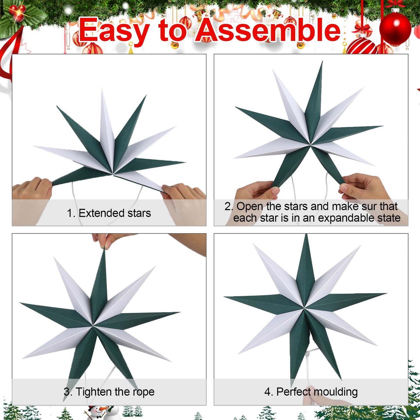 BestoFun 12 Inches 5 PCS Cindy Paper Star Lanterns Red Green White Christmas Party Decorations Hanging Stars Christmas Party Decorations Wedding Birthday Christmas Home Party Decorations(9 Pointed)