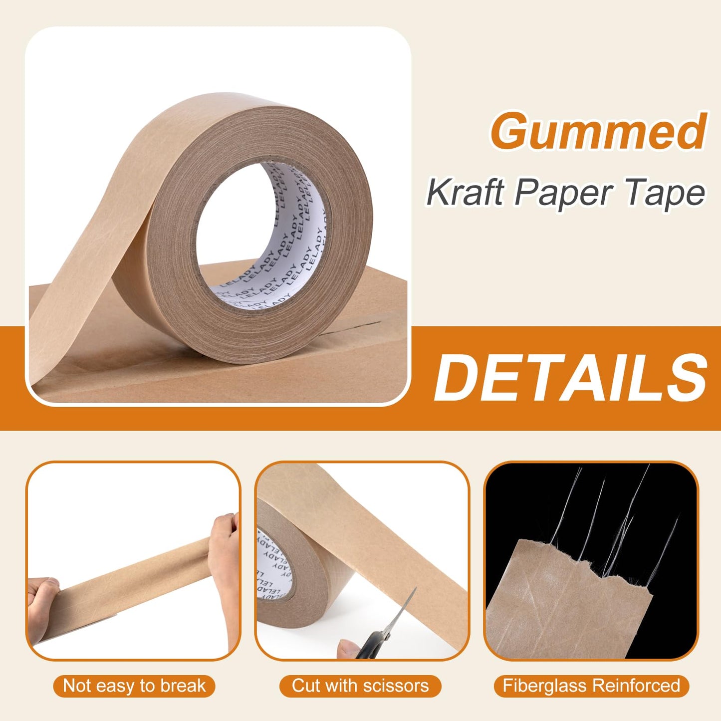 LELADY Kraft Paper Tape 2 Inch x 55 Yards - 2 Rolls Self Adhesive Gummed Packing, Reinforced Heavy Duty Brown Tape for Masking, Sealing, Packing