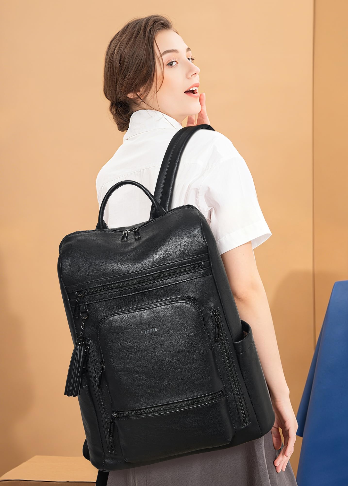 Shrrie Upgraded Large Travel Laptop Backpack with Laptop Compartmetn Fits 17 inch Laptop,Waterproof Vegan Leather Computer Backpack for Women and Men Work Business College