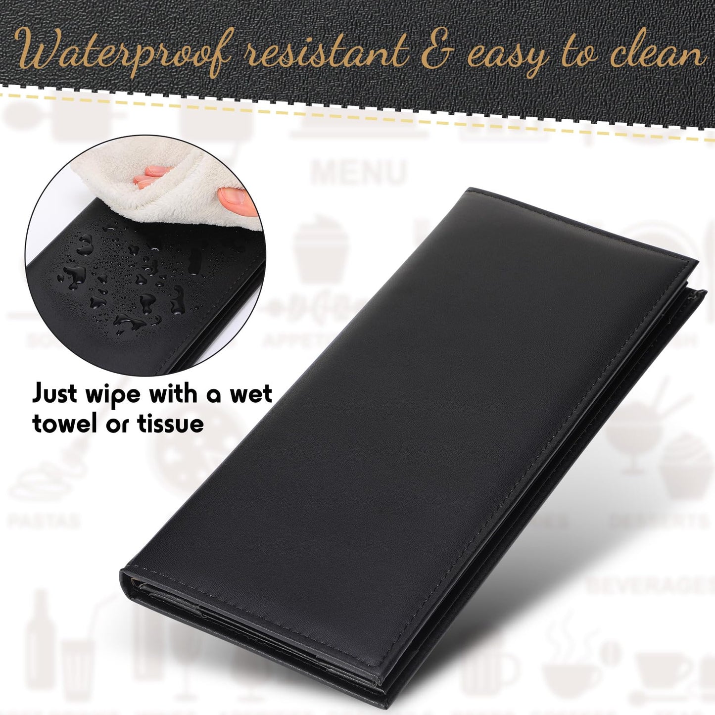 Jexine 30 Pcs Leather Menu Covers Holders - 4.25 x 11 Inches 4 View Fold Black Leather Menu Book with Angled Corners Waterproof for Restaurant Cafe Bar Wine Drinks List Covers Set