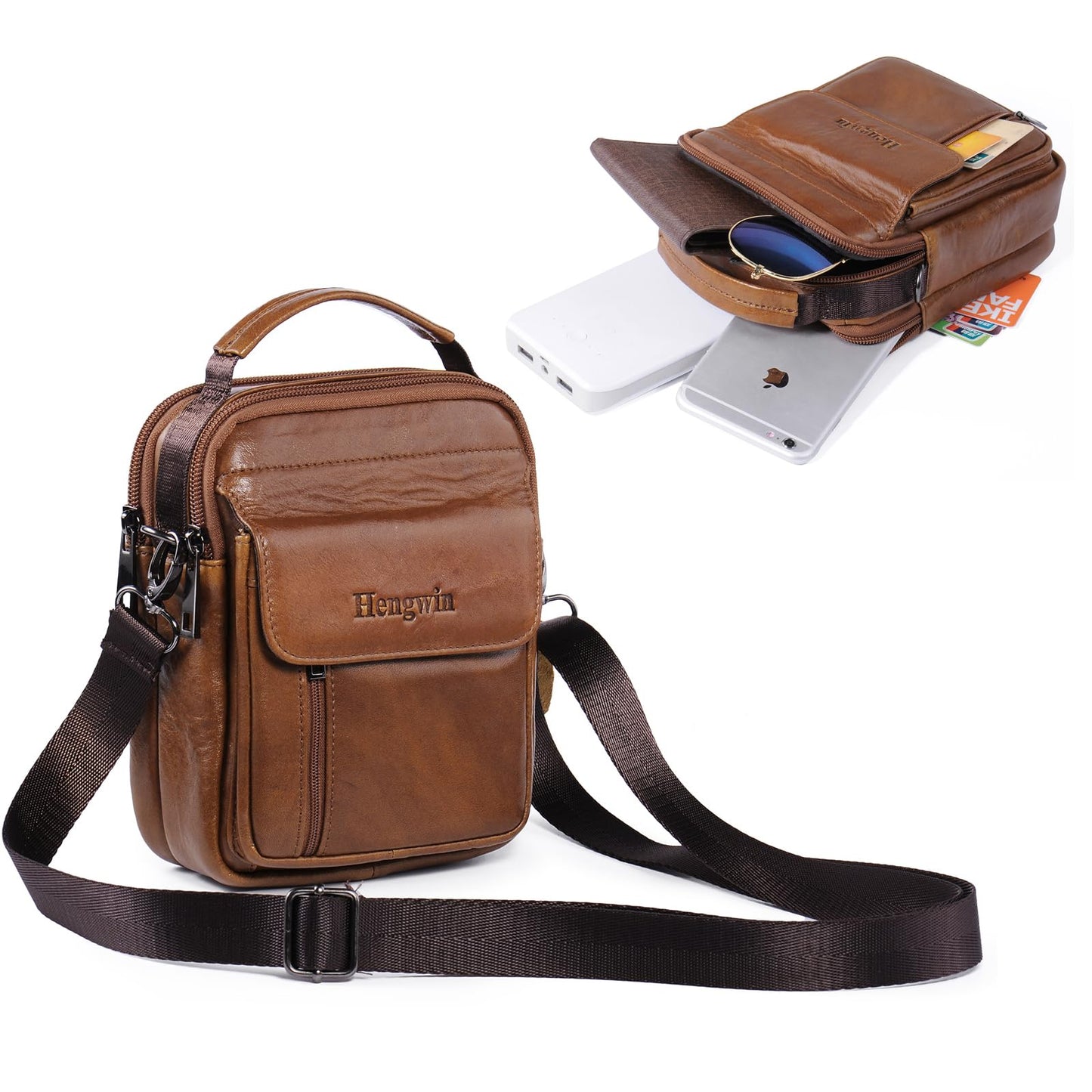 hengwin Travel Leather Crossbody Cell Phone Purse Messenger Bag Waist Pouch Fanny Pack Shoulder Handbags with Top Handle Shoulder Strap (Brown)