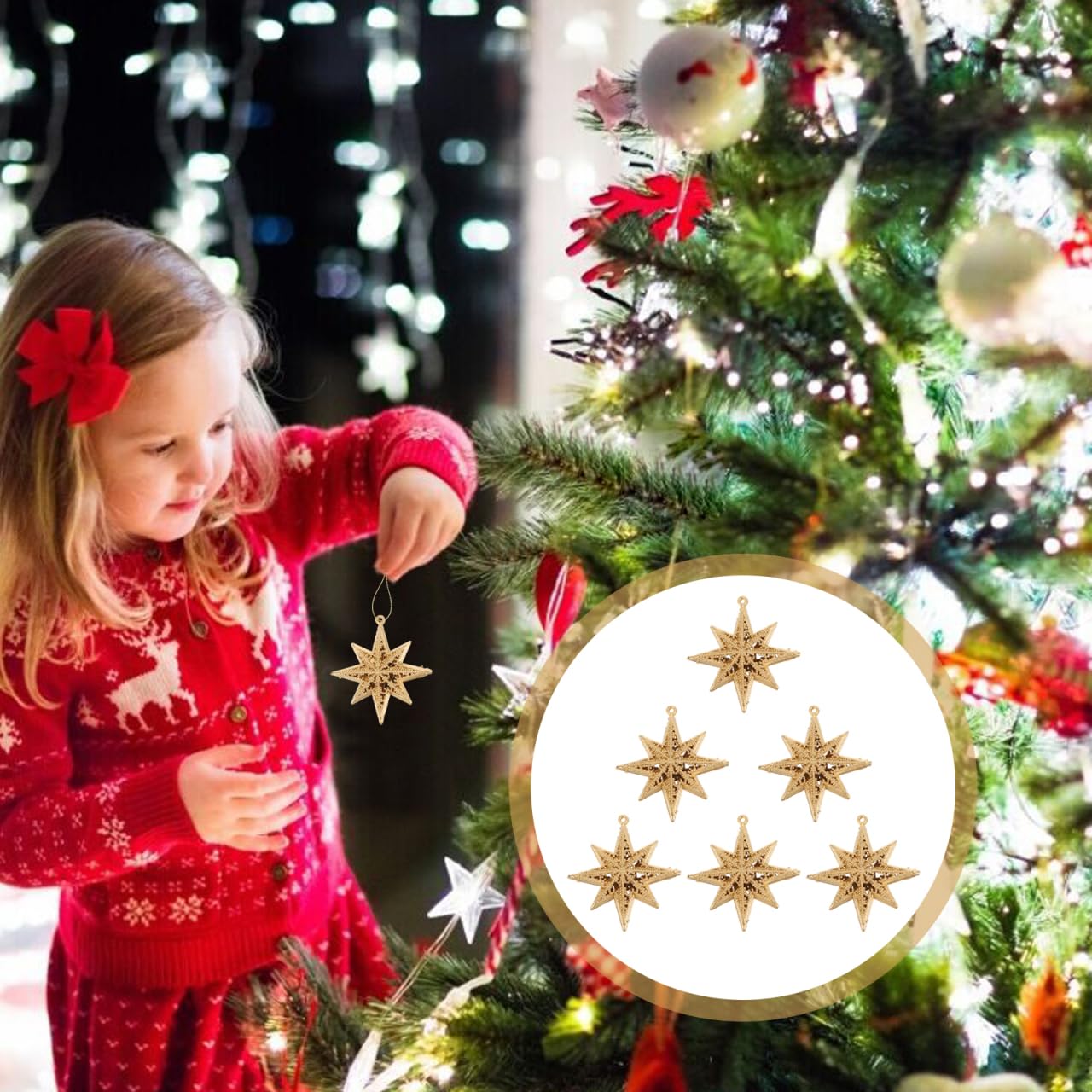 Gold Star Pendant Christmas Ornaments Set Mini Hanging Decorations for Christmas Tree Holiday Party Home 3.38 Inch Lightweight Plastic Star Decor