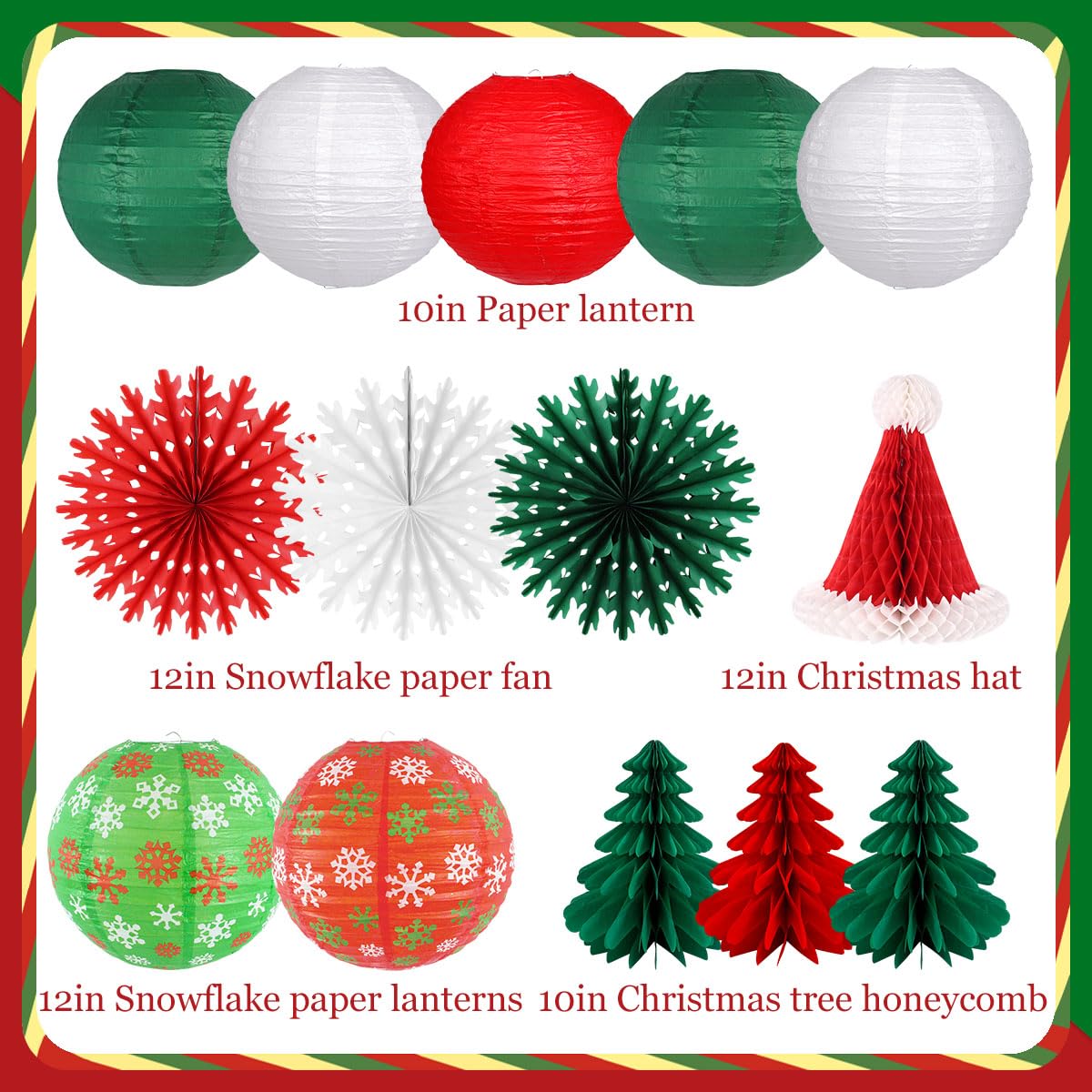Christmas Party Decorations Paper Lanterns Honeycomb Santa Hat Tree Paper Fans for Christmas Birthday Party New Year Holiday Wall Home Decor