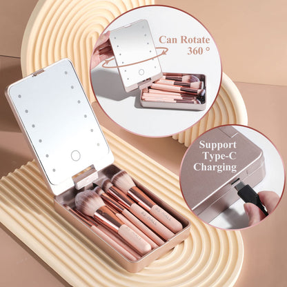 BS-MALL Travel Makeup Brush Set Foundation Powder Concealers Eye Shadows Makeup Set with LED light Mirror 14 Pcs (Green)