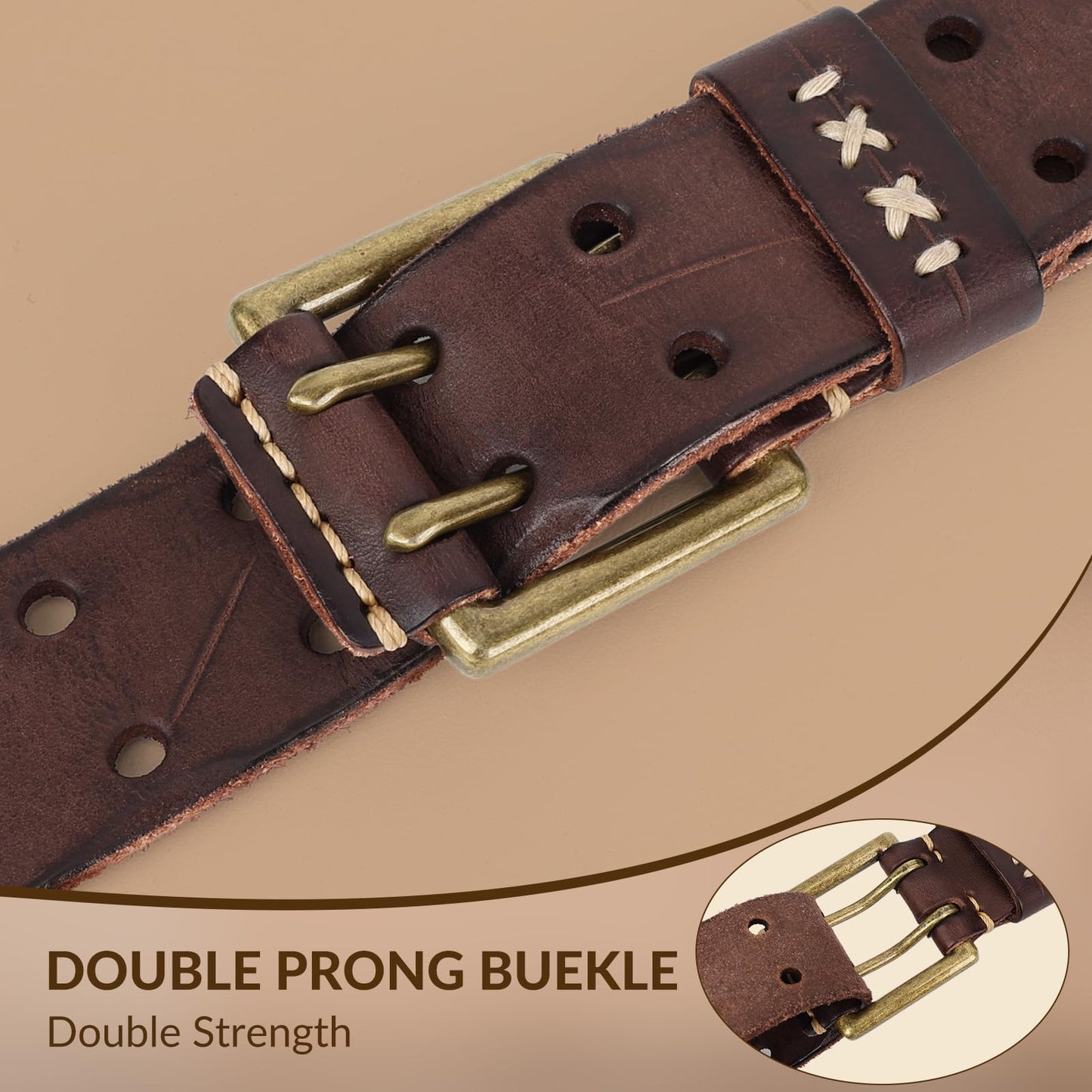 OZNDAS Real Leather Belts for Men Work Heavy Duty Double Prong Men's Belt Jeans Casual Mens Belts Leather Christmas Gifts Coffee Mens Leather Belt with Gold Buckle