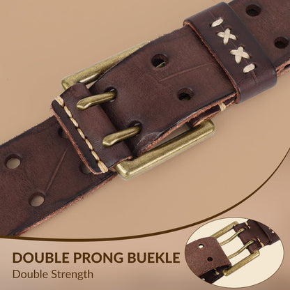 OZNDAS Real Leather Belts for Men Work Heavy Duty Double Prong Men's Belt Jeans Casual Mens Belts Leather Christmas Gifts Coffee Mens Leather Belt with Gold Buckle