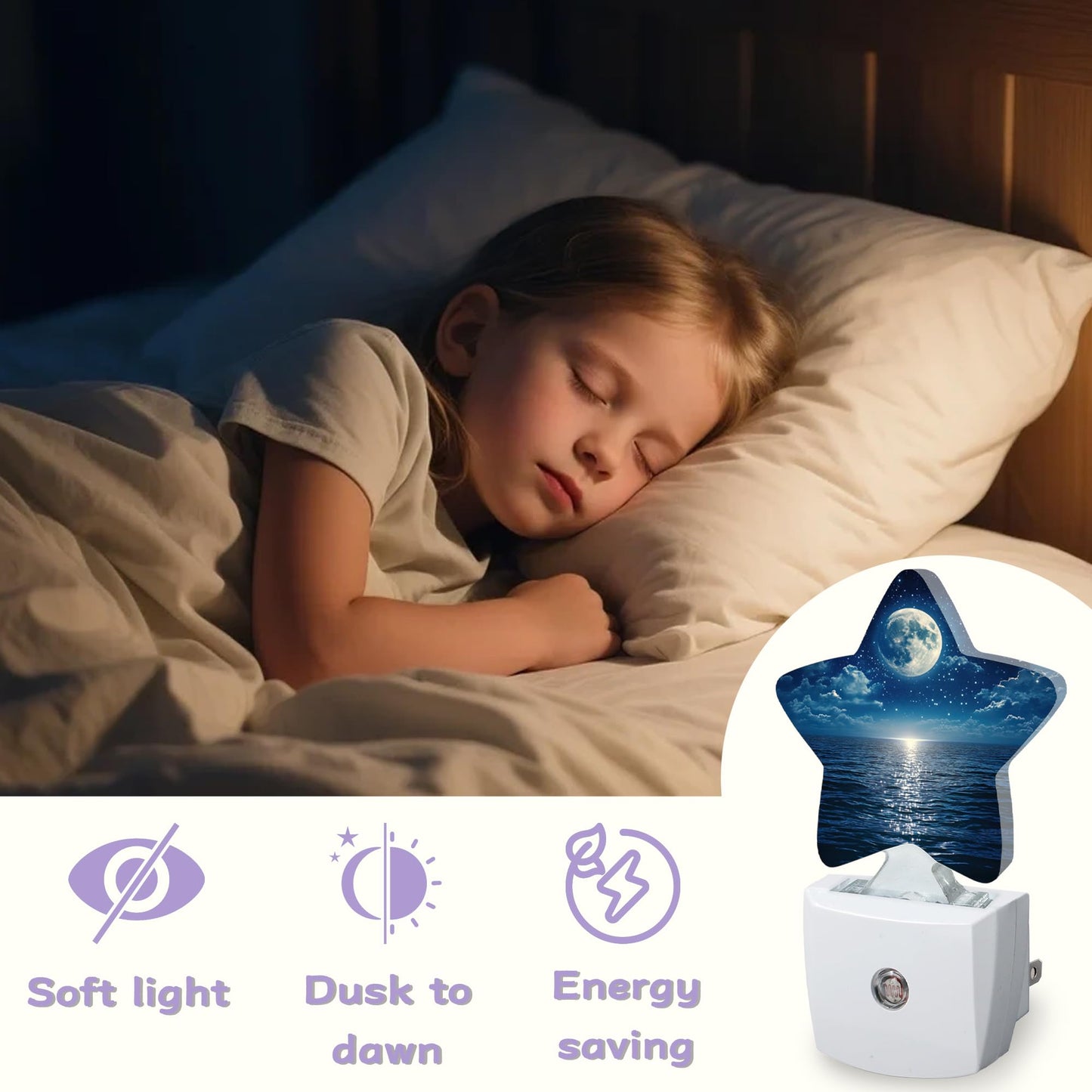 Moonlit Decorative Nightlight Plug in Wall,Ocean Starry Sky Star Shaped Night Light with Built in Sensor for Home Decor,Kitchen Hallway Stairs Desk Lamp