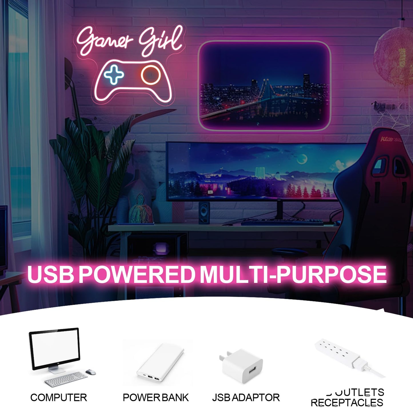 Gamer Girl Game Pad Neon Sign, Game Room Controller LED Neon Light Gamepad Wall Art Decor Home Bedroom Decoration Gift For Teen Boy Room Decor, Bar Decoration Best Gamer Gifts for Boys, Kids