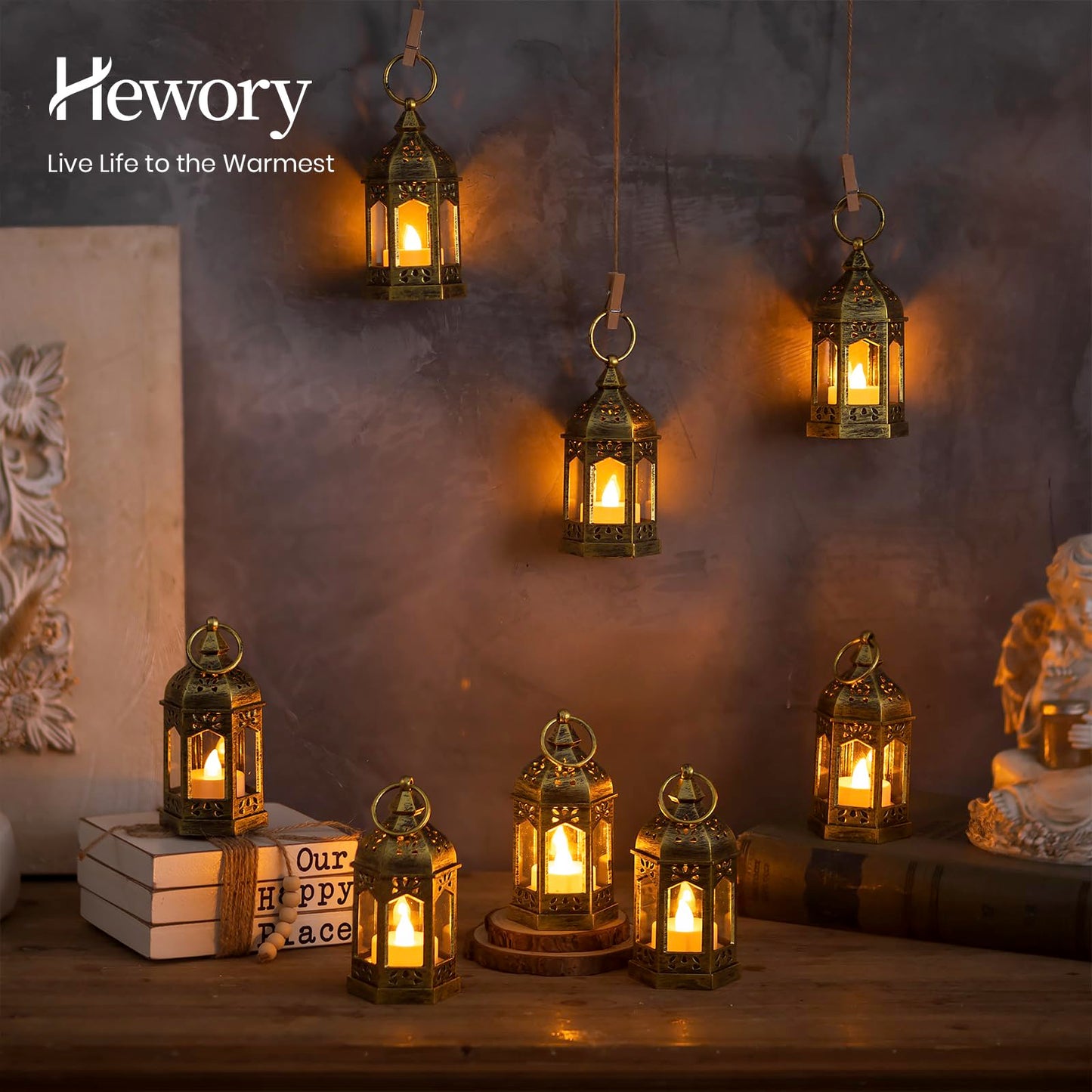 Hewory Mini Lanterns with Remote Control: Set of 10 Gold Decorative Lanterns for Centerpeces - Holiday Party Decoration for Wedding, Ramadan, Diwali, Halloween, Christmas