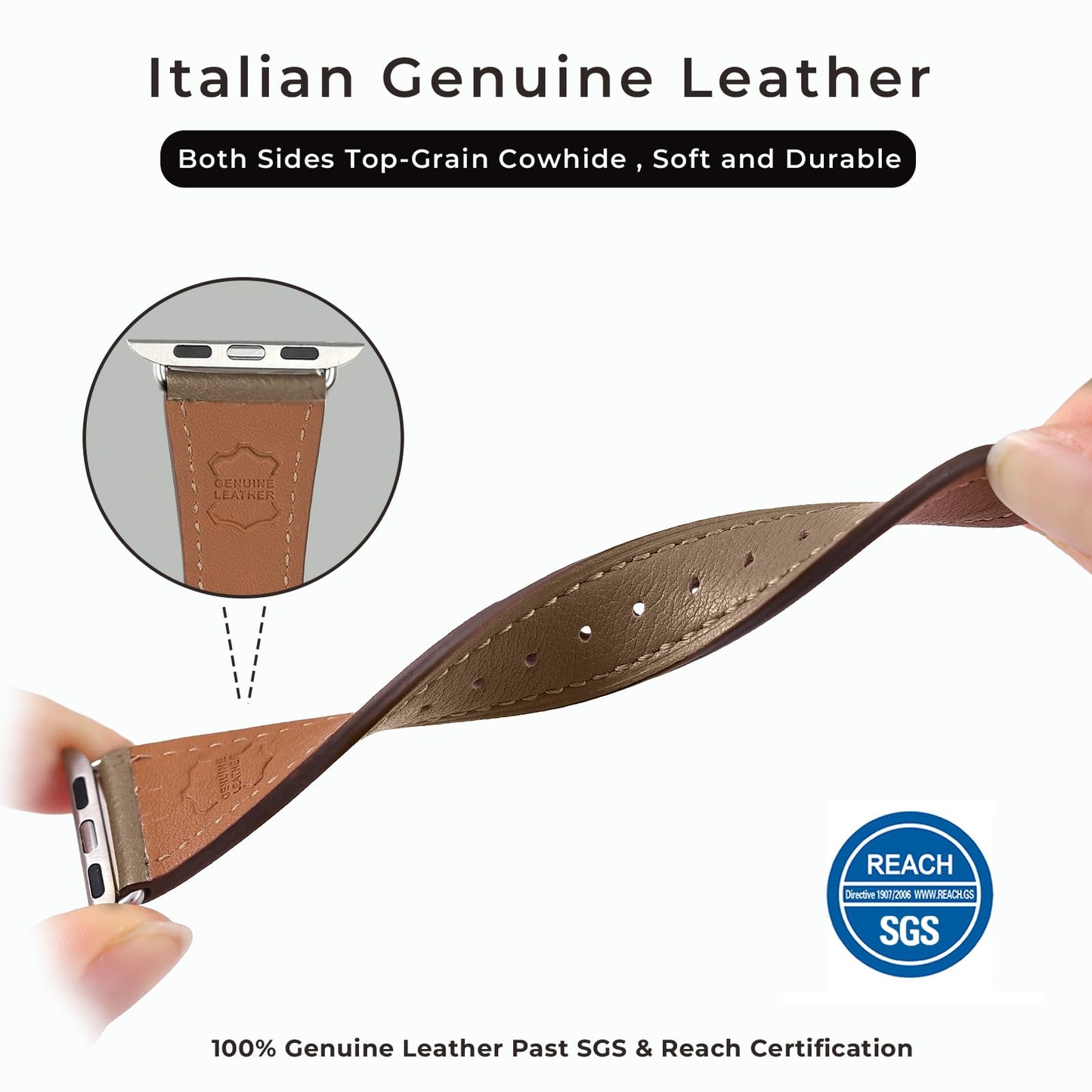 HANDODO Italian Genuine Leather Band Women for Apple Watch Series 11 10 9 8 7 6 5 4 3 2 1 SE SE2 Ultra 2/3, SGS Certified Dressy Bracelet Cute Strap for iWatch 42mm 44mm 45mm 46mm 49mm, Greige