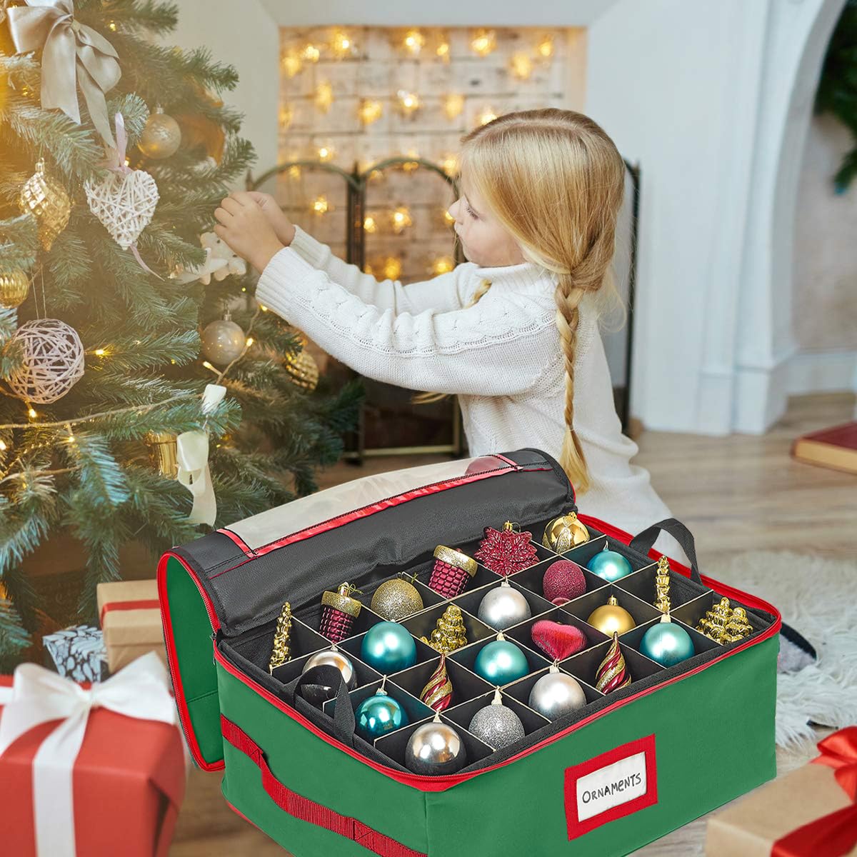 HOLDN’ STORAGE Christmas Ornament Storage Box with Dividers - Fits 96-3” Ornaments, 4 Removable Trays, Durable & Space-Saving, Clear Top Lid, Convenient Storage Designed, Green