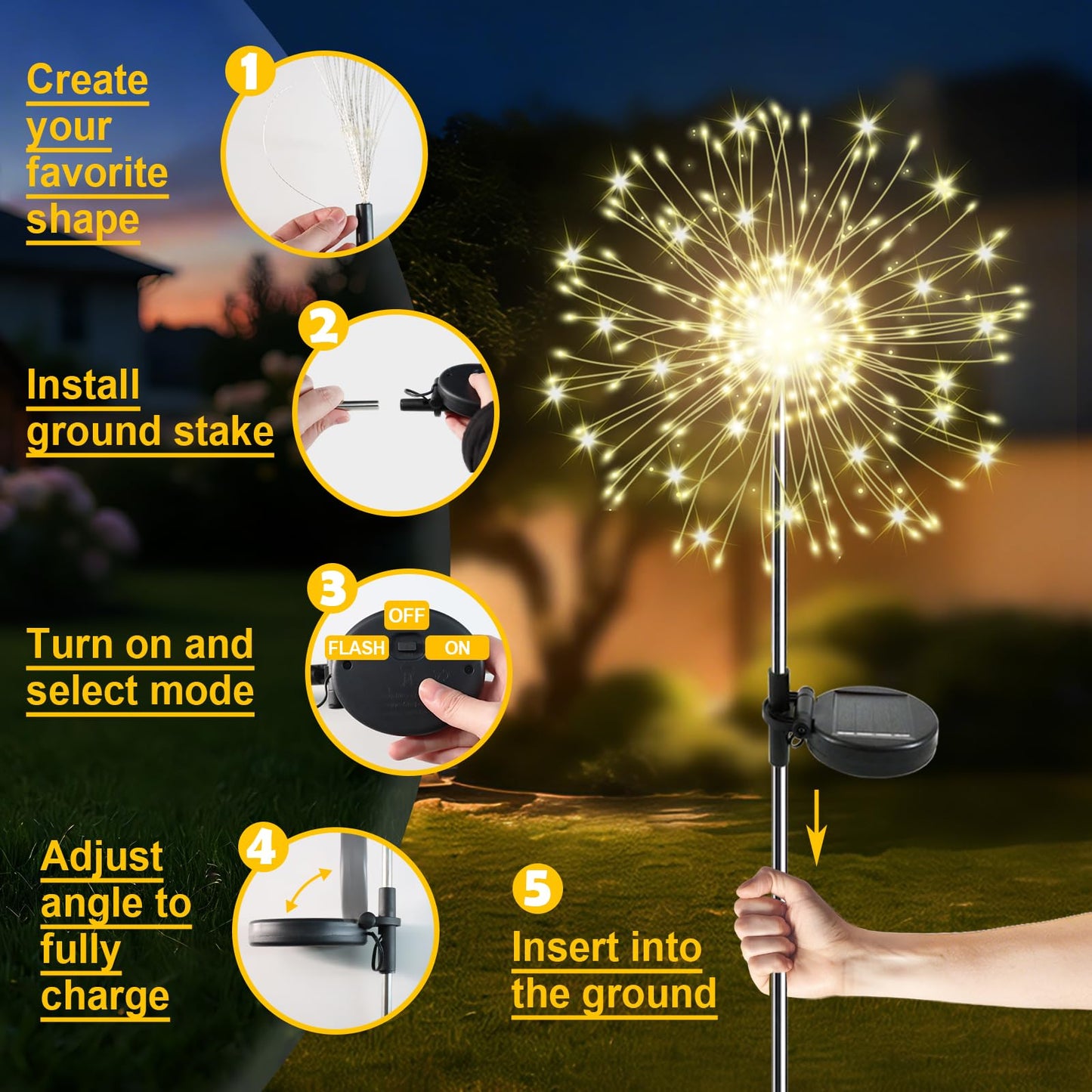 Soomit Solar Garden Lights Outdoor, 2 Pack 120 LED Twinkling Firework Lights Decorative with 2 Modes, Outdoor Waterproof Solar Starburst Light for Yard Pathway Planter Patio Decor, Warm White