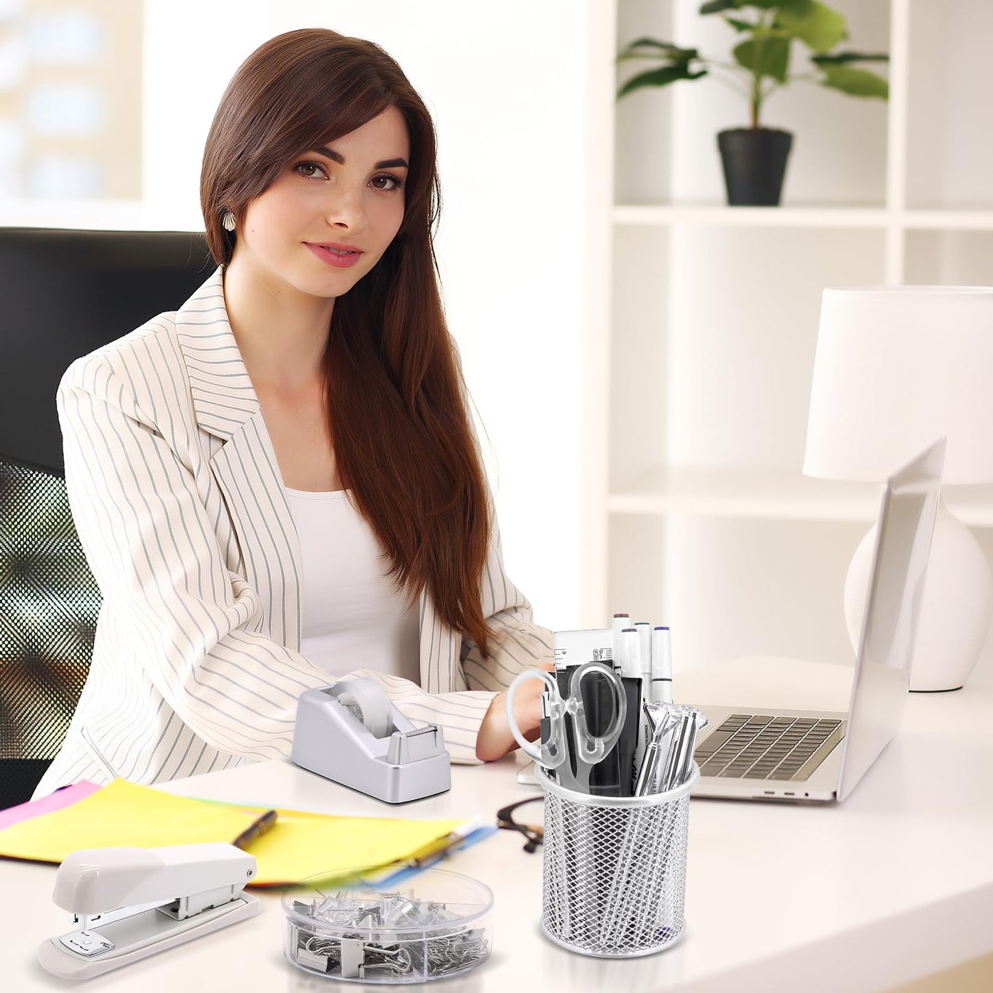17 in1 Silvery Desk Organizers and Accessories Set, 3 Office Desk Supplies Storage Organization, 4 Pens, Stapler, Staples & Remover, Tape & Dispenser, Scissors, Ruler, Clips, Hole Punch Back to School