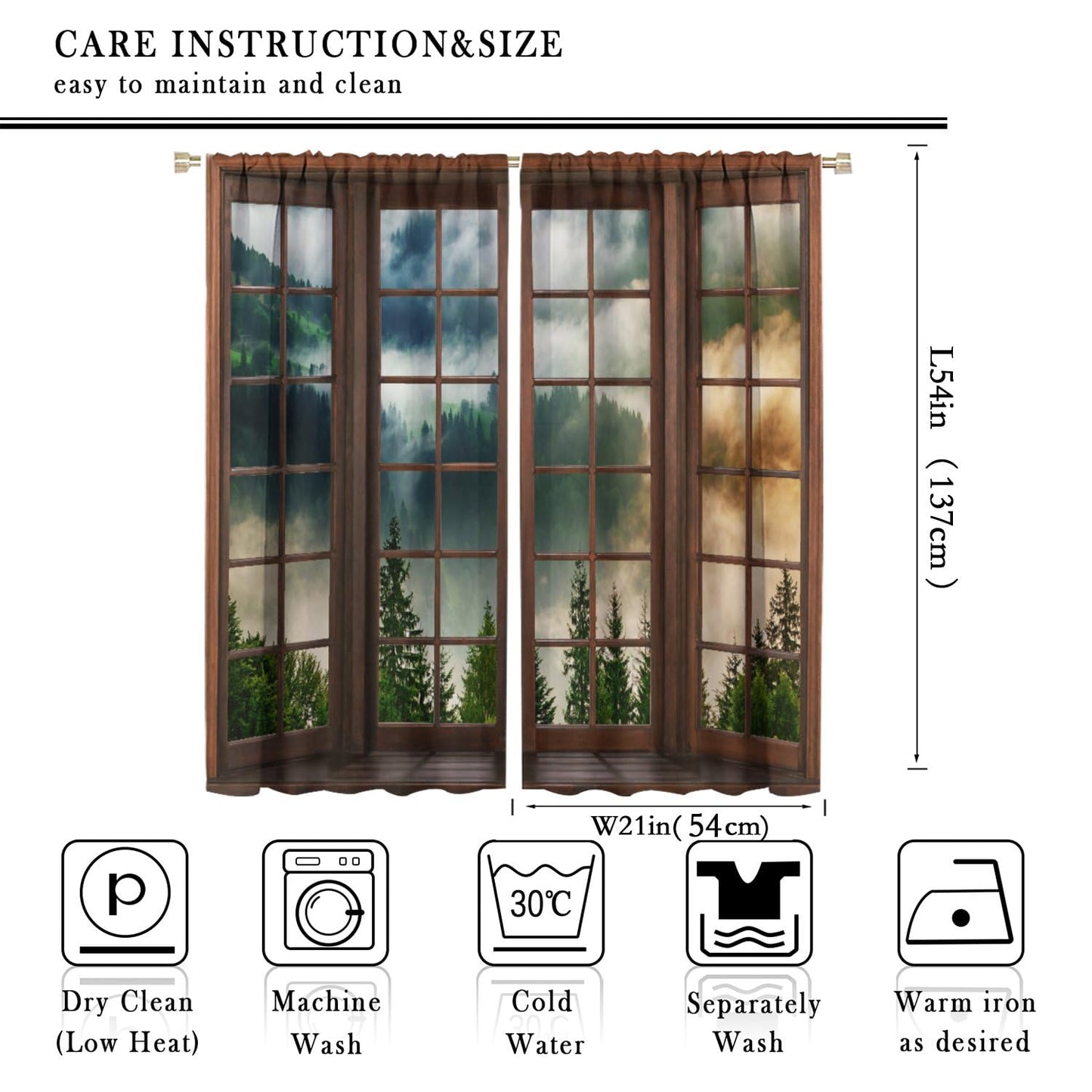 Green Misty Landscape Curtains, Nature Foggy Tree Mountain Scenery Retro Woodland 3D Landscape Blackout Window Treatments for Bedroom Living Room Kitchen 42x54 Inch
