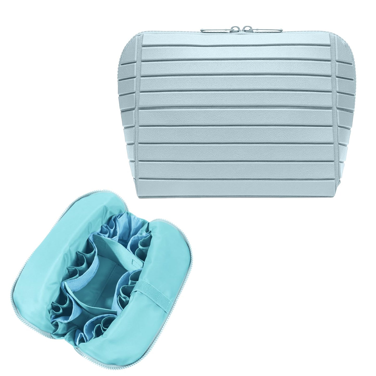 Travel Makeup Organizer Bag with Fold-Down Design and Adjustable Dividers, 27 Pockets & 3 Brush Storage Holders, Large Capacity Cosmetic Bags Toiletry Case - Light blue