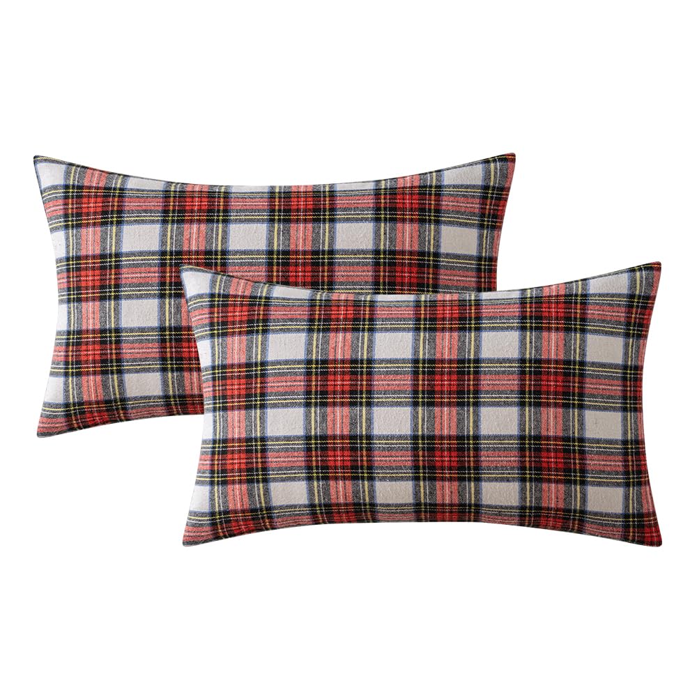 MIULEE Christmas Set of 2 Scottish Tartan Plaid Lumbar Throw Pillow Covers Farmhouse Classic Decorative Outdoor Cushion Cases for Home Decor Sofa Couch 12x20 Inch, Red and White
