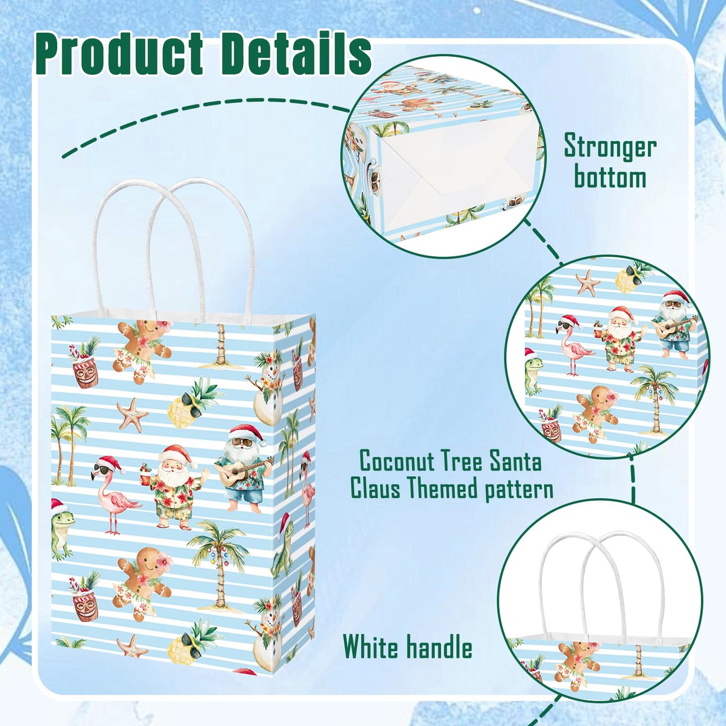 JarThenaAMCS 16 Pcs Summer Christmas Paper Gift Bag Watercolor Xmas in July Coconut Tree Santa Claus Treat Bags with Handles Tissue Paper Tropical Candy Goodie Bags for Holiday Party Favors Supplies