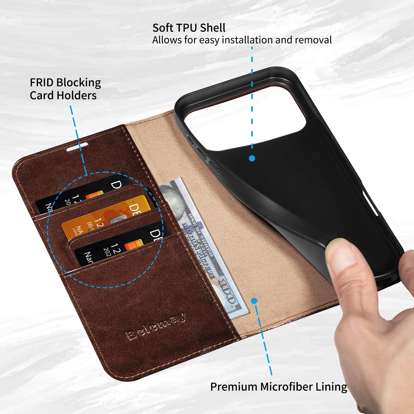 Belemay Leather Wallet Case Compatible with iPhone 17 Pro Max, Premium Cowhide Leather Two-Tone Effect, RFID Blocking Card Holders, Shockproof TPU Shell, Kickstand, Protective Flip Cover, 6.9", Brown
