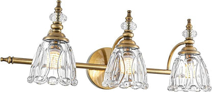 Brushed Gold Bathroom Vanity Light, Farmhouse Brass Bathroom Light Fixtures Over Mirror, 3 Light Vanity Lighting Fixtures, Flower Glass Shade Wall Sconce Lighting