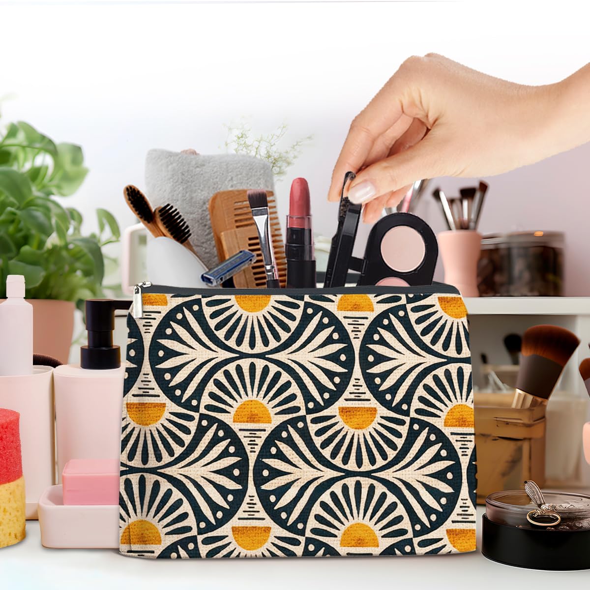 jyunsoeng Boho Cosmetic Bag Sunset Leaf Aesthetic Zipper Makeup Pouch Small Makeup Bag (1Pcs)