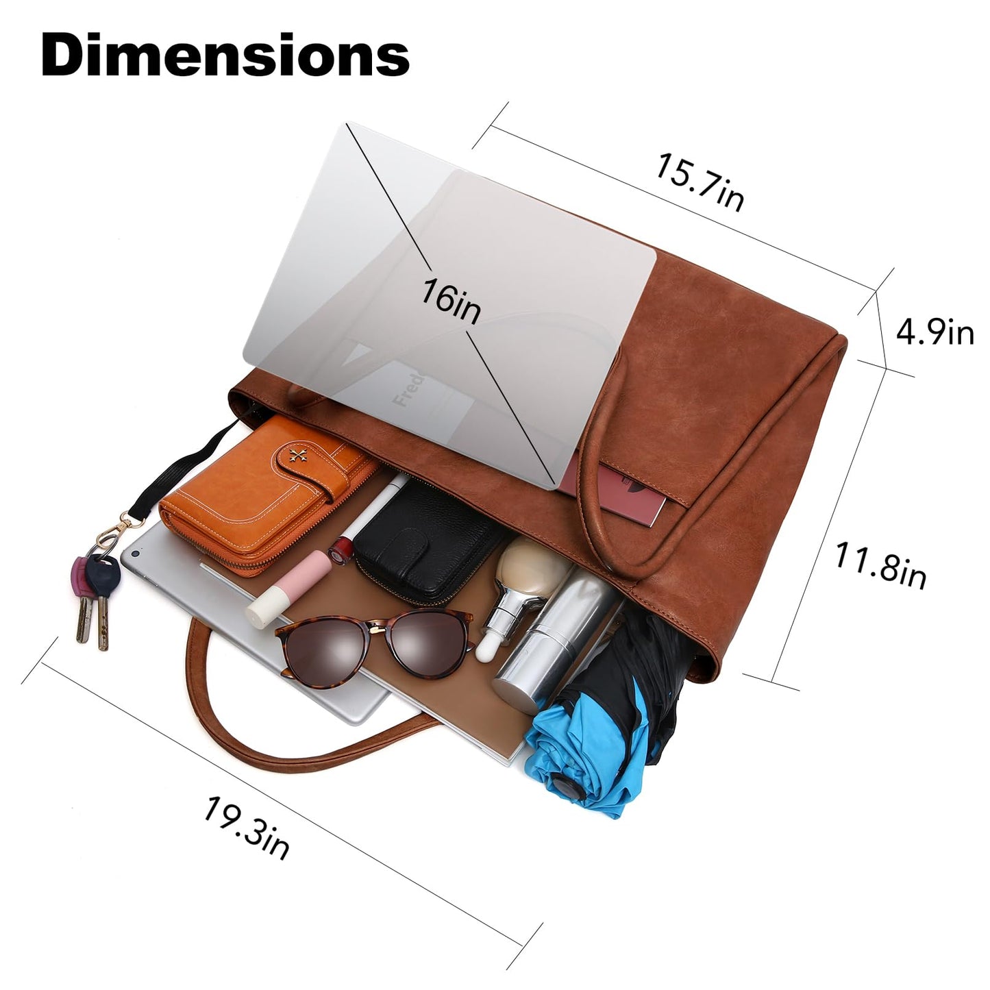 Utenwat Large Tote Bag for Women Work with Zipper 16L Vegan Leather Ladies Travel Purses and Handbags Brown