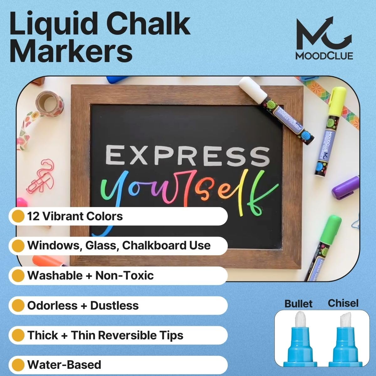 MoodClue Liquid Chalk Markers Neon 12 Pack. Bold Wet & Dry Erase Marker Pens. Erasable and Washable Chalkboard Markers for Windows, Mirrors, Glass, Whiteboards. Reversible Thick and Fine Tip.