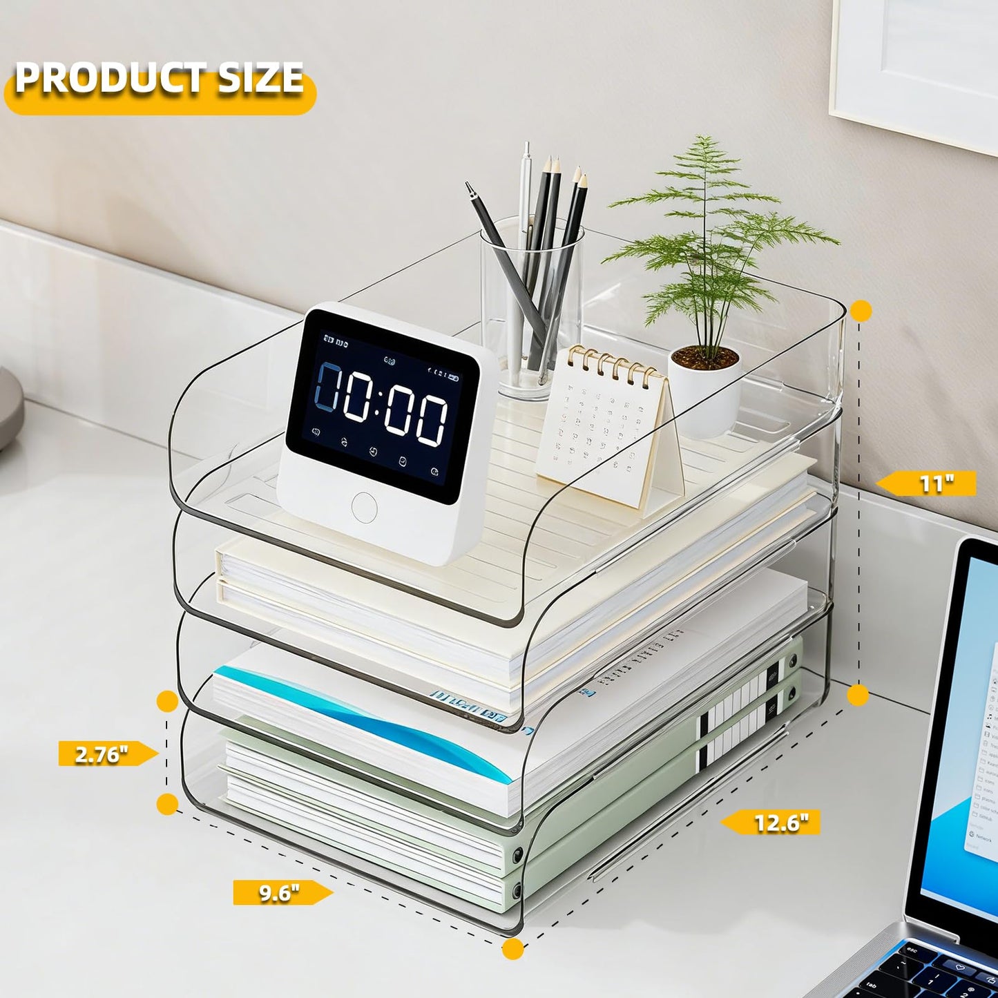 HIYOHIYO Office Acrylic Clear A4 Paper Organizer for Desk, Stackable Office Desk Paper Organizer, Large Capacity Desktop Papers Tray Holder, Organizer for A4 File Folder, 4 Tier Vertical Style