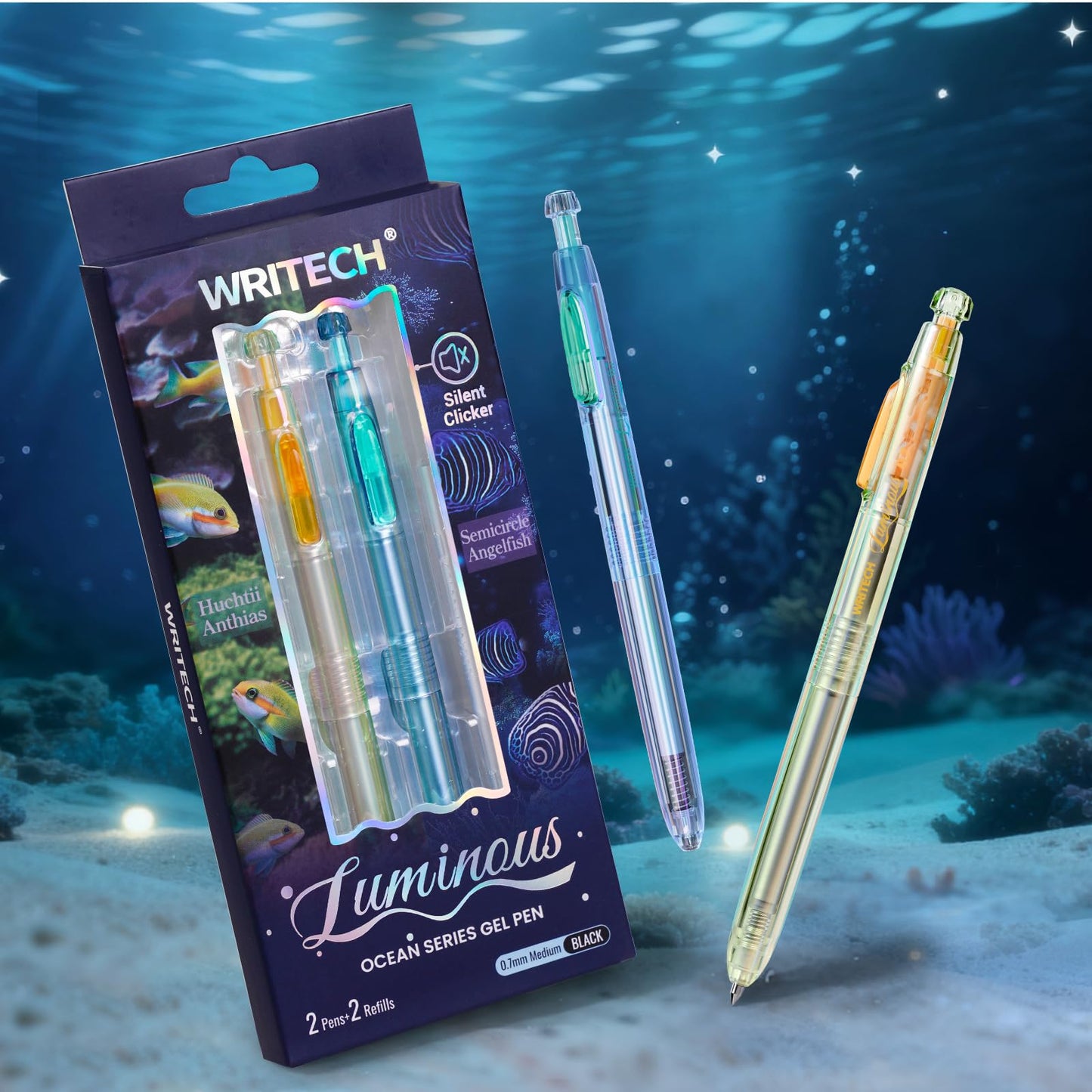 WRITECH Gel Pens Medium Point: Luminous pen set 0.7mm Black Ink Includes 2 Pens and 2 Refills Silent Clicker Smooth Writing for School Office & Everyday Use