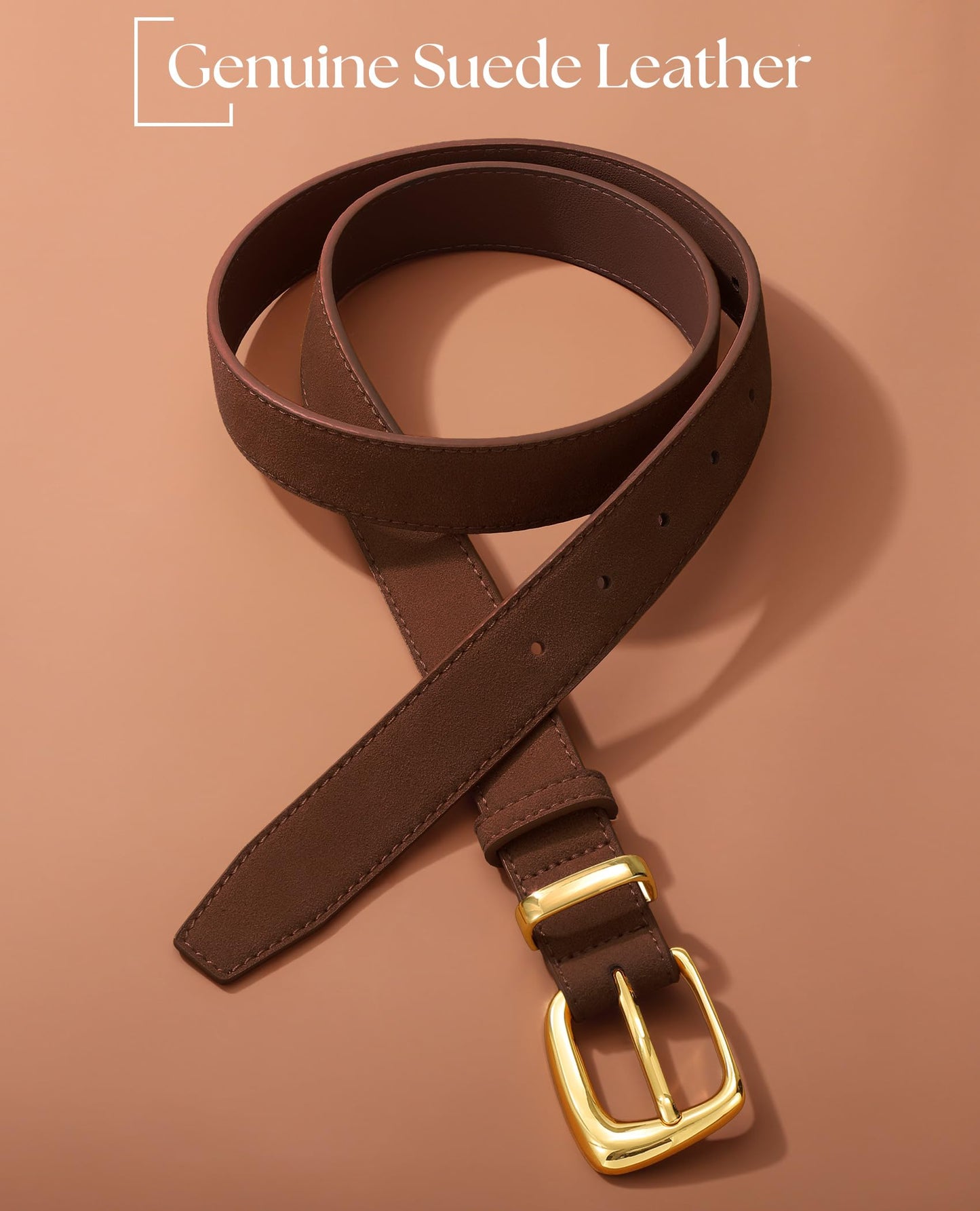 SANSTHS Women Suede Leather Belt for Dresses Jeans Fashion Retro Gold Buckle Ladies Waist Belts,Coffee,S